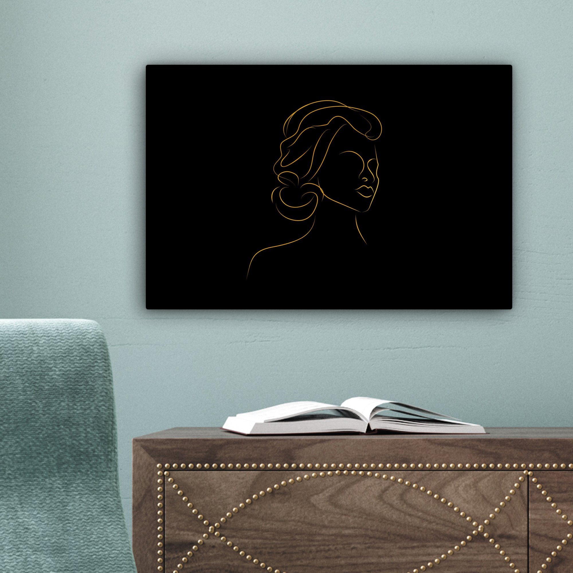 OneMillionCanvasses® Leinwandbild Frau Wanddeko, - Schwarz (1 - Gold cm 30x20 Aufhängefertig, Wandbild St), - Strichzeichnung, Leinwandbilder