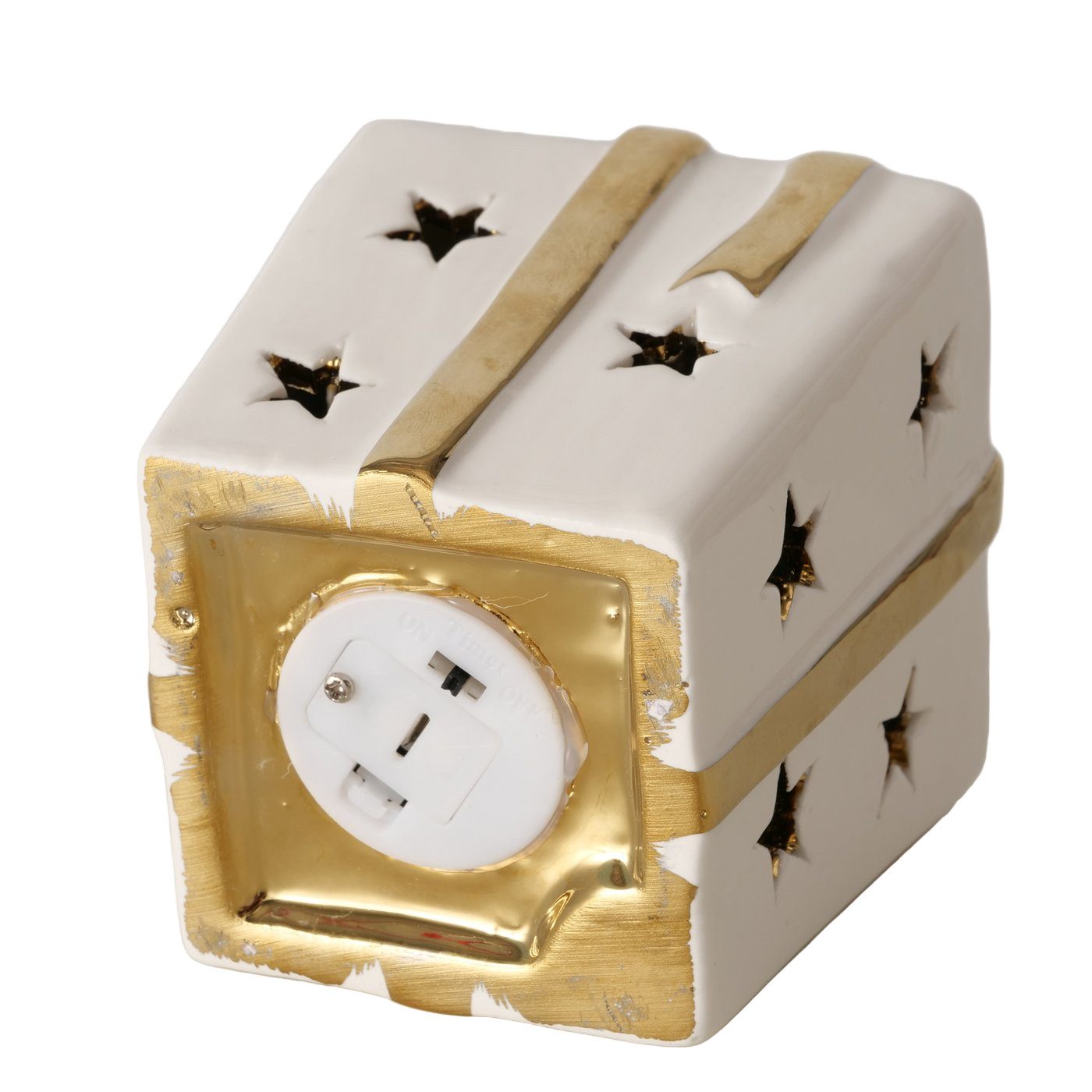 BOLTZE GRUPPE GmbH Weihnachtshaus LED Deko Geschenkbox Elina Keramik Weiß Gold Geschenkform