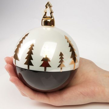 BRUBAKER Weihnachtsbaumkugel Premium Weihnachtskugel Tannenbaum Gold - 10 cm Baumkugel aus Glas (1 St), Weiß Schwarz mit goldener Weihnachtsbaum Figur - Handbemalt
