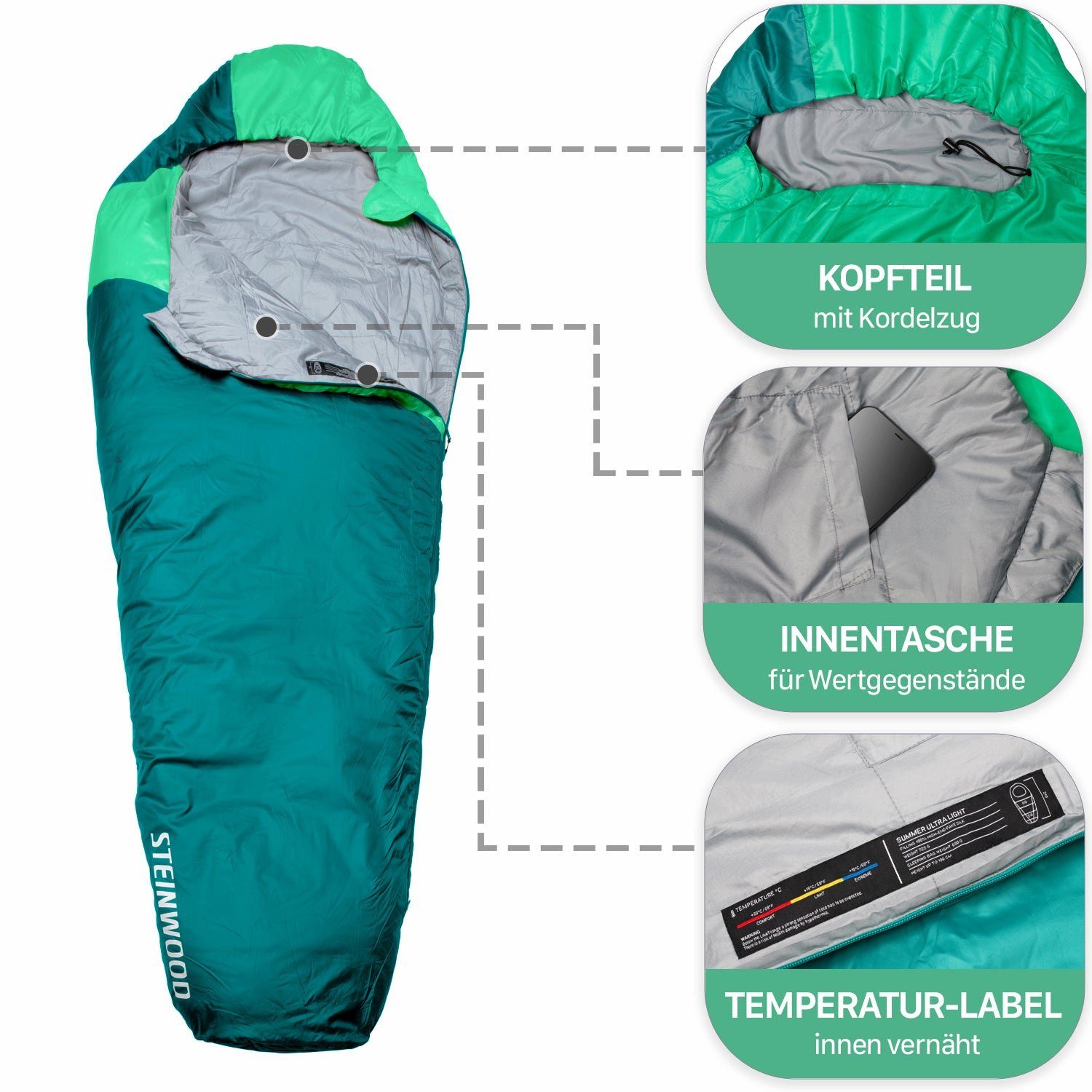 Steinwood Mumienschlafsack Ultra leicht, Schlafsack koppelbar, Camping Schlafsack Outdoor, Decke…