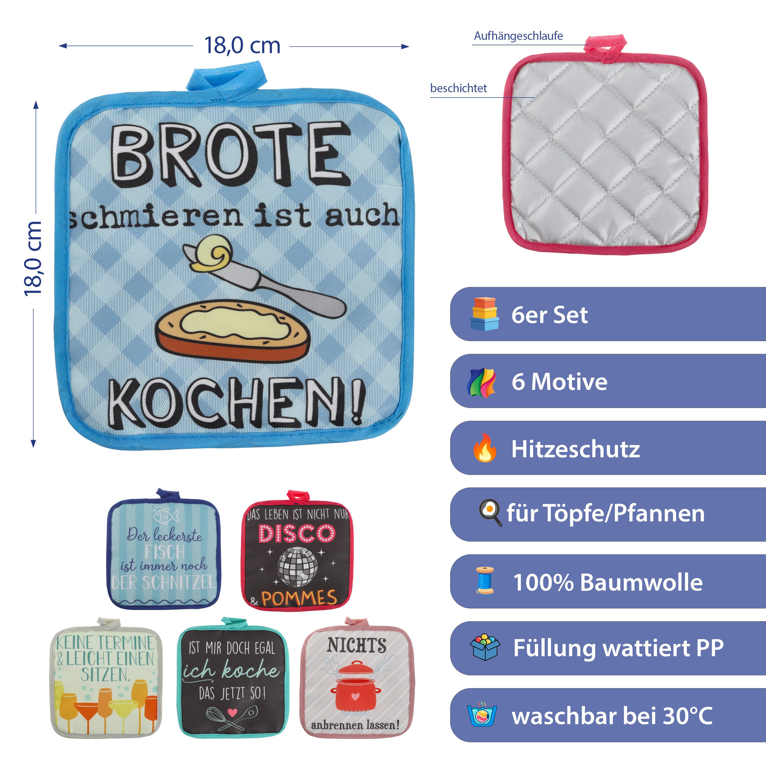 CEPEWA Topflappen Topflappen Sprüche 6er Set 18x18x0,5cm Polyester bunt Küchenhelfer