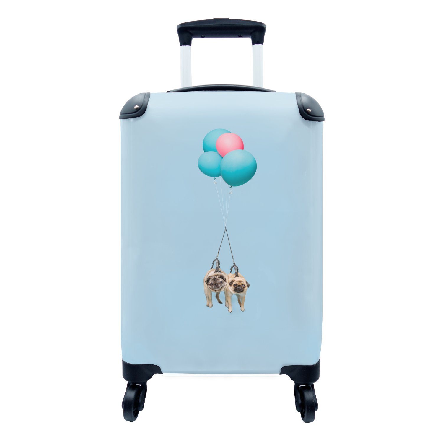 MuchoWow Handgepäckkoffer Zwei Möpse auf blauen und rosa Luftballons, 4 Rollen, Reisetasche mit rollen, Handgepäck für Ferien, Trolley, Reisekoffer
