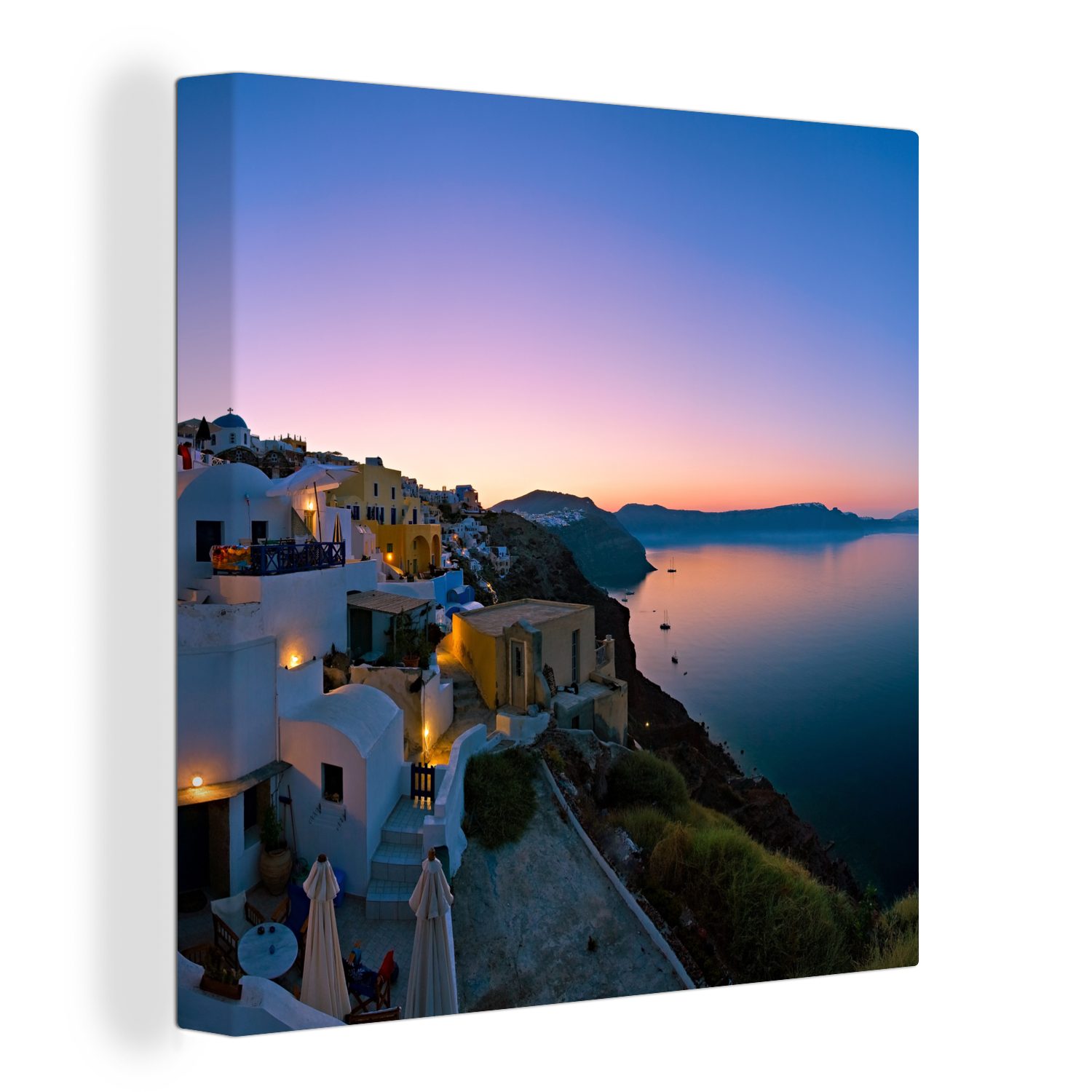 OneMillionCanvasses® Leinwandbild Fischerdorf Oia bei Santorini Griechenland mit Sonnenaufgang, (1 St), Leinwand Bilder für Wohnzimmer Schlafzimmer bunt