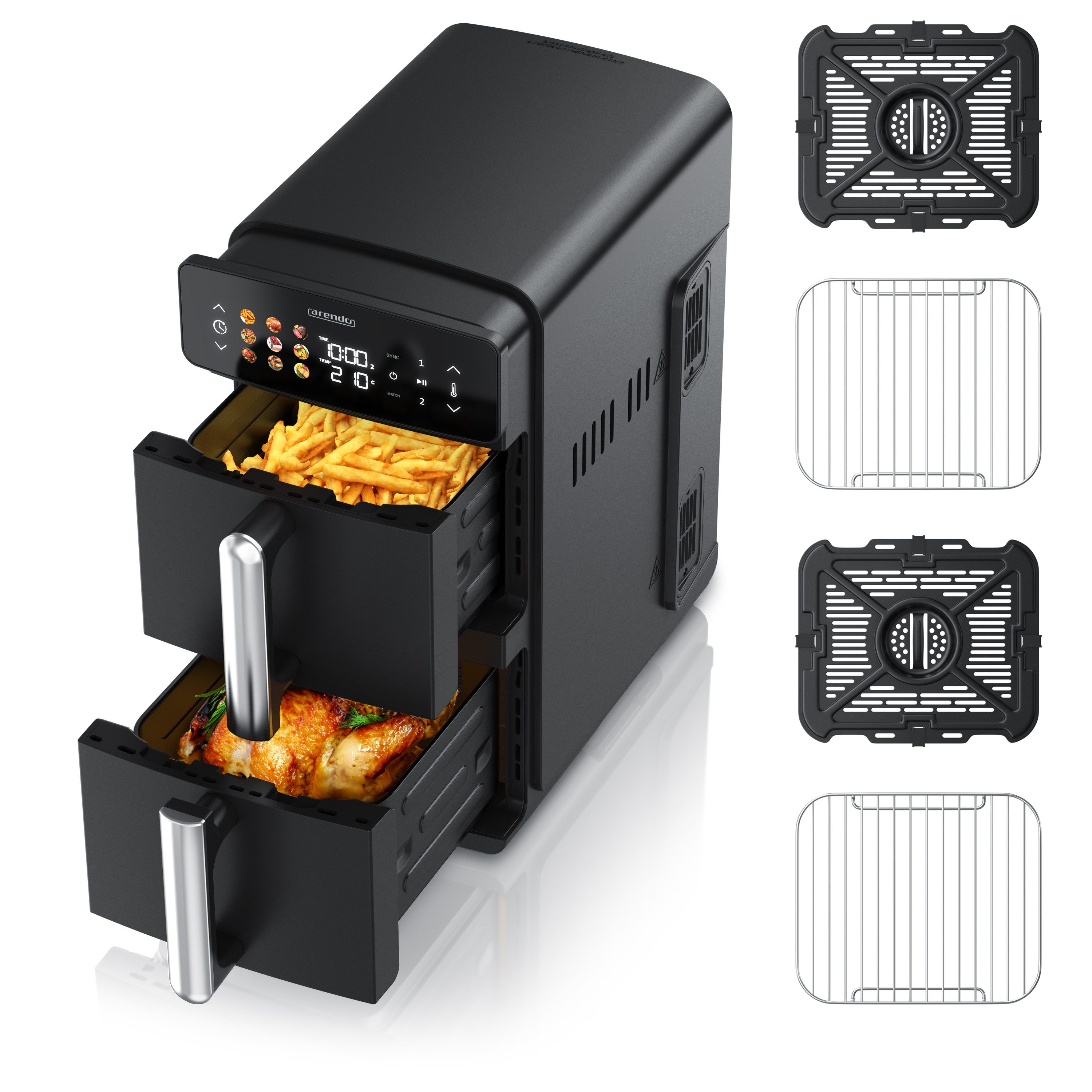 Arendo Heißluftfritteuse mit 2 Kammern Übereinander, XXL Doppelkammer Airfryer 11L, Dual Zone, 2400 W, mit Zubehör, Umluft Backofen, Edelstahl, fettarmes gesundes Kochen