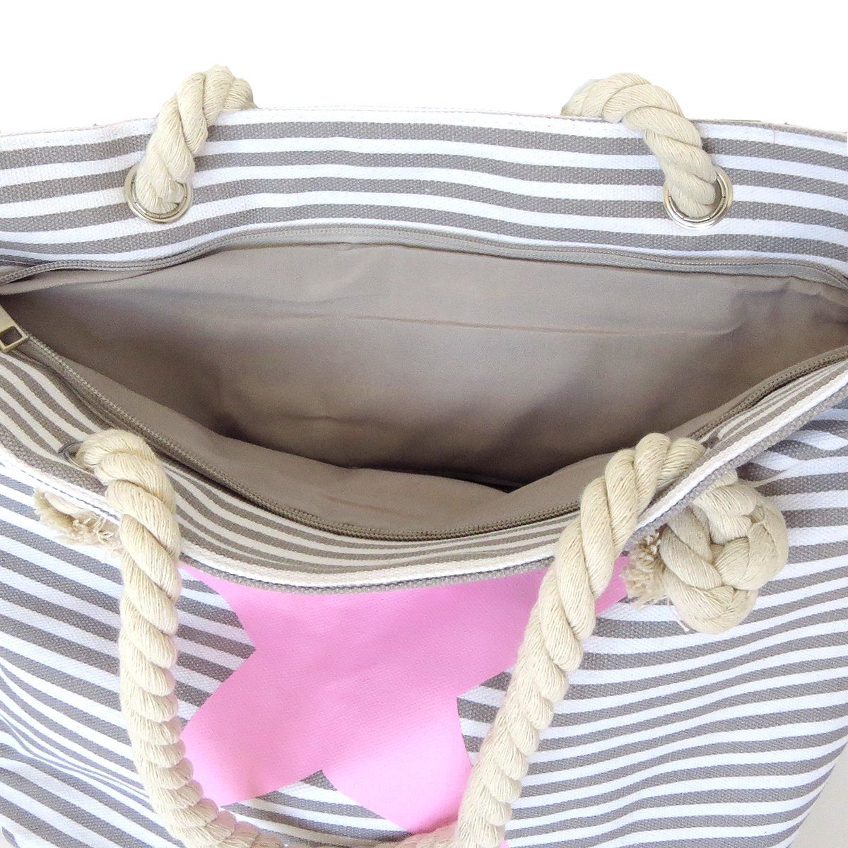 Umhängetasche gestreift kleine Reißverschluss Strandtasche Originelli Sternprint Shopper, Reißverschluss Sonia Innentasche grau-rosa mit maritim