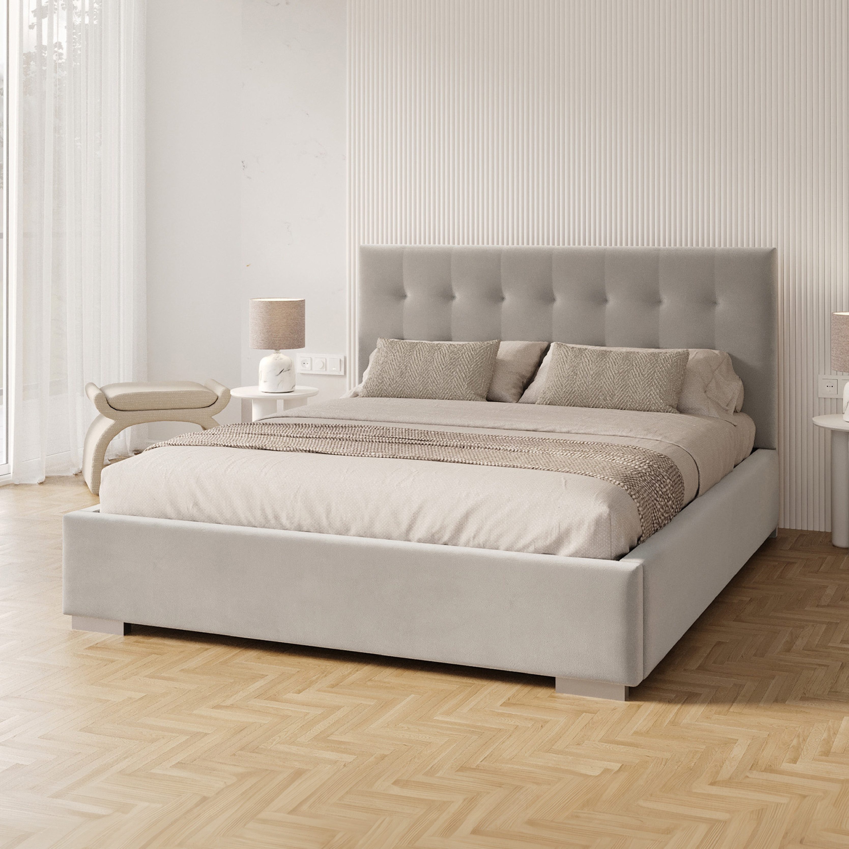 FDM Polsterbett GRACE modern mit Bettkasten MADE IN EU - mit hochwertigem Paris Bezug (verfügbar 90x200 120x200 140x200 160x200 180x200cm, Bettrahmen, Bett, mit großen gepolsterten Kopfteil, mit Bettkasten zum aufklappen), Hebbarer Metallrahmen, Bettkasten, Matratze wählbar