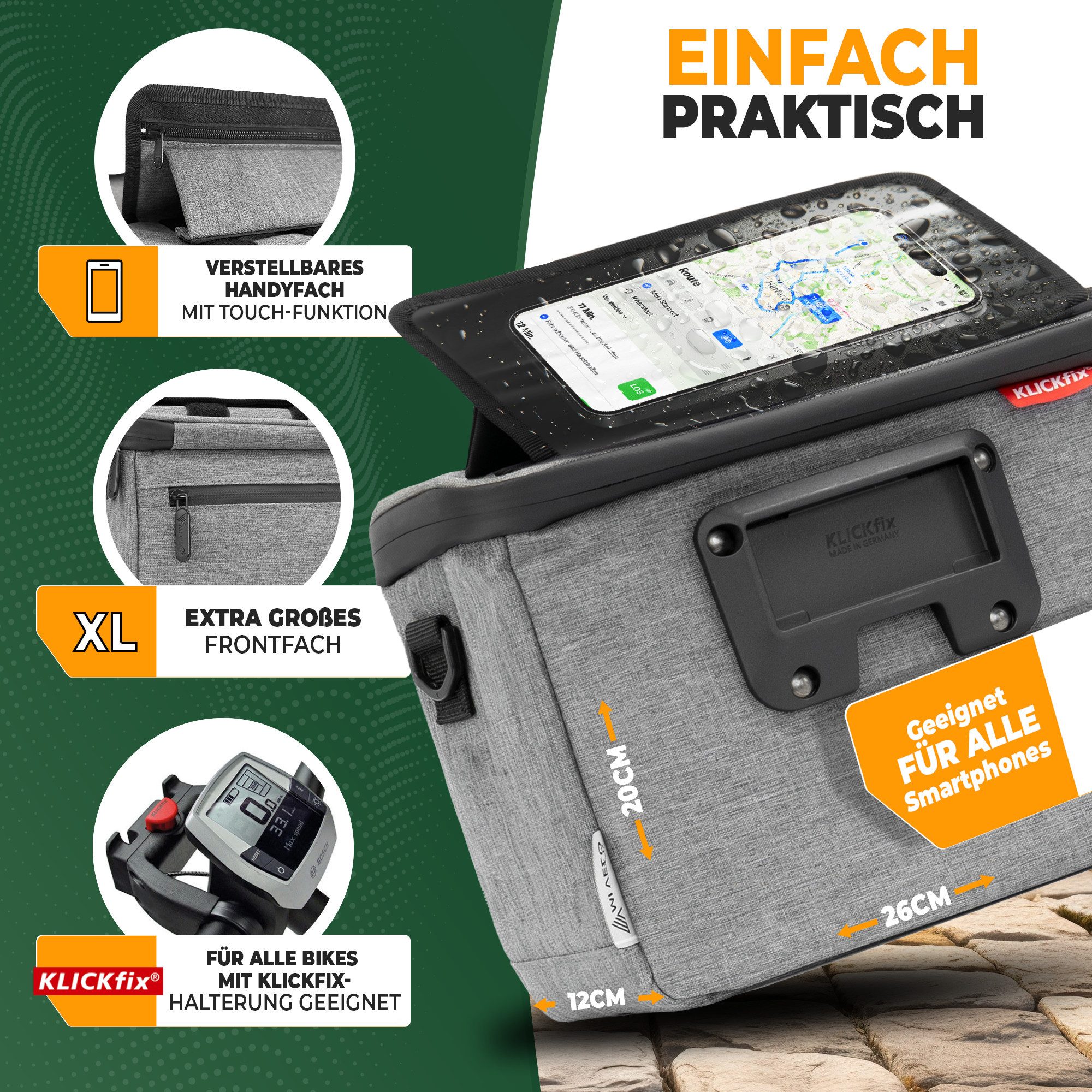 MIVELO Lenkertasche Fahrradtasche Lenker für KLICKfix, Fahrrad Tasche inkl. Handyfach, KLICKfix kompatibel