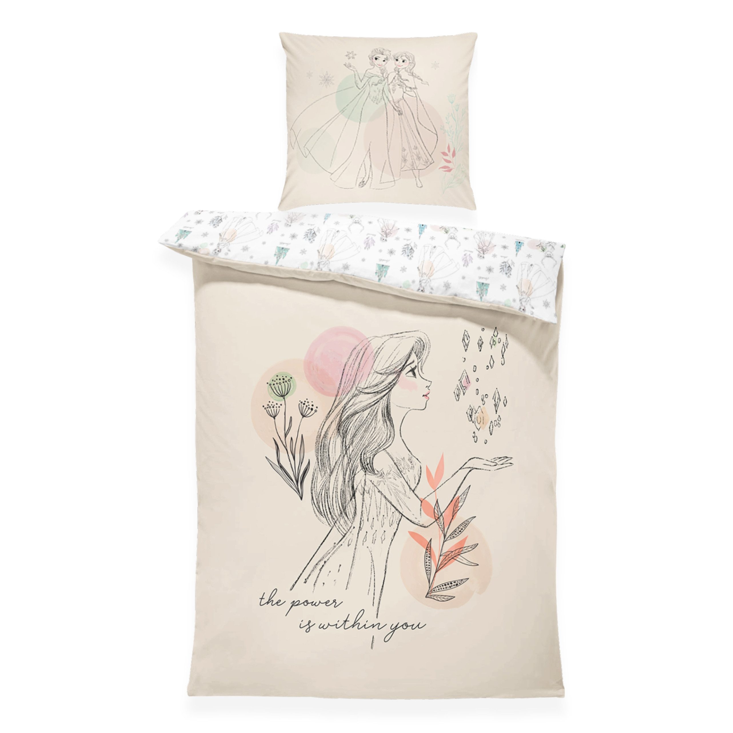 MTOnlinehandel Kinderbettwäsche Disney „Die Eiskönigin“ Frozen 135x200 + 80x80 cm, Renforcé, 100% Baumwolle, 2 teilig, Anna & Elsa im stilvollen Zeichnungsdesign in sanften Pastelltönen
