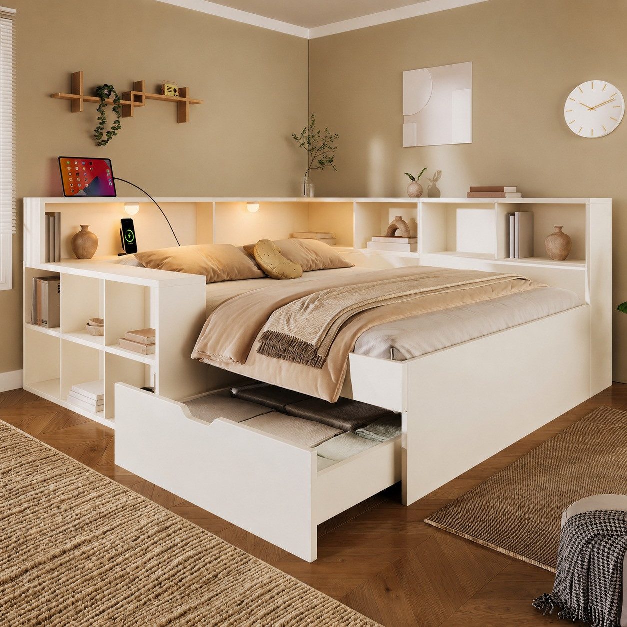 Celya Holzbett Tagesbett, Funktionsbett mit Stauraum und Leselicht (ohne Matratze, mit Schubladen und Offenem Regal), mit Drei USB-Anschlüsse und ein Typ-C-Anschluss