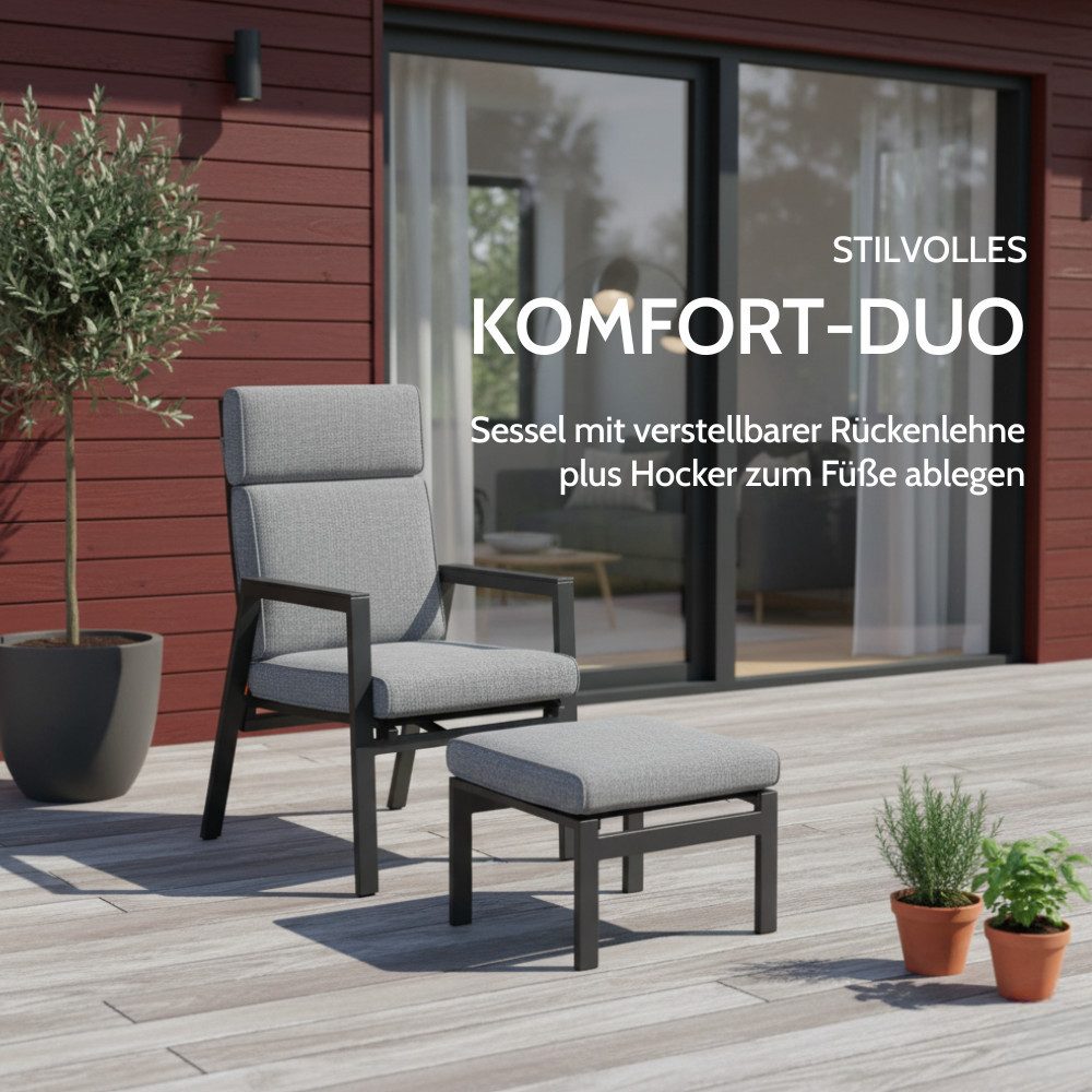 Liadomo Gartenlounge-Set Celano, Gartensessel mit Fußhocker, Relax-Set inkl. Polstern, (Outdoor-Set, 2-tlg), stufenlos verstellbare Rückenlehne, Armlehnen Teak, bequemer Hocker