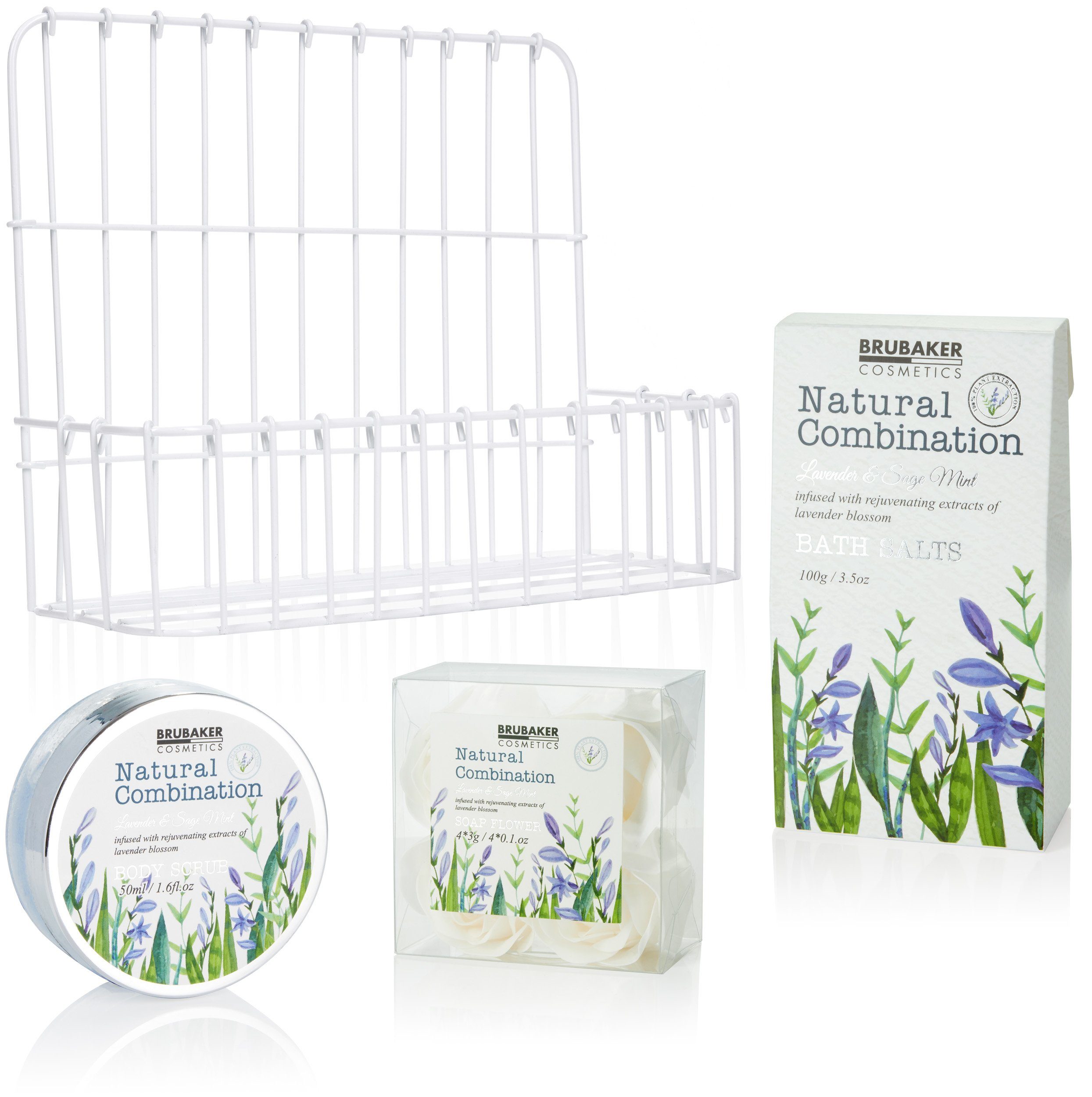 BRUBAKER Pflege-Geschenkset Dusch- und Badeset "Weiß" für Damen, 7-tlg., Geschenkset im Badregal, Pflegeset mit Lavendel Salbei Minze Duft