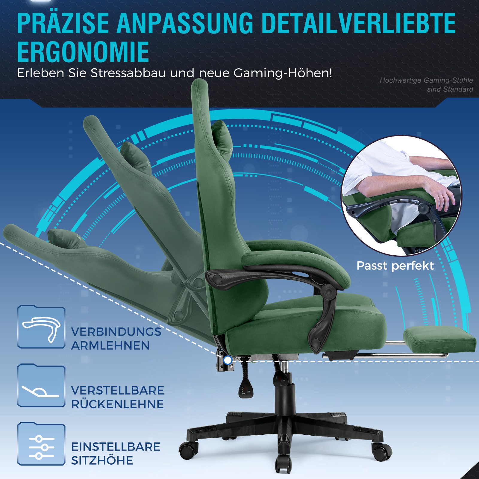 GTPLAYER Gaming-Stuhl Atmungsaktiver Bürostuhl, bürostuhl ergonomisch Hochwertiger - Stoff, 160° Verstellbare Rückenlehne und ausziehbare Fußstütze – Bild 2 von 5