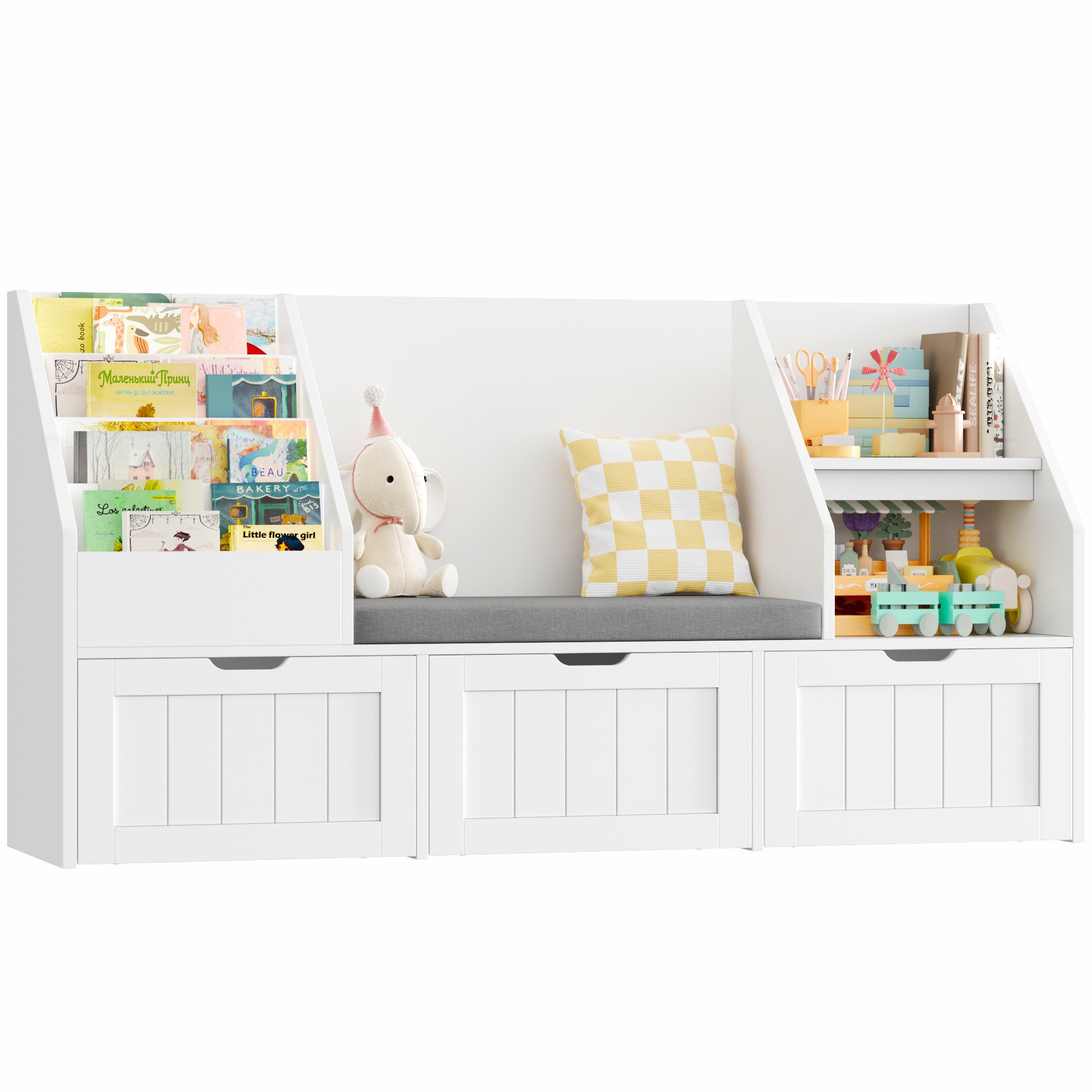 Homfa Kinderregal Sitzbank für Kinder mit 3 Schubladen auf Räder 140x80x39,5 cm, Spielzeugregal mit 2 offenen Fächern Kinderregal mit Bücherregal