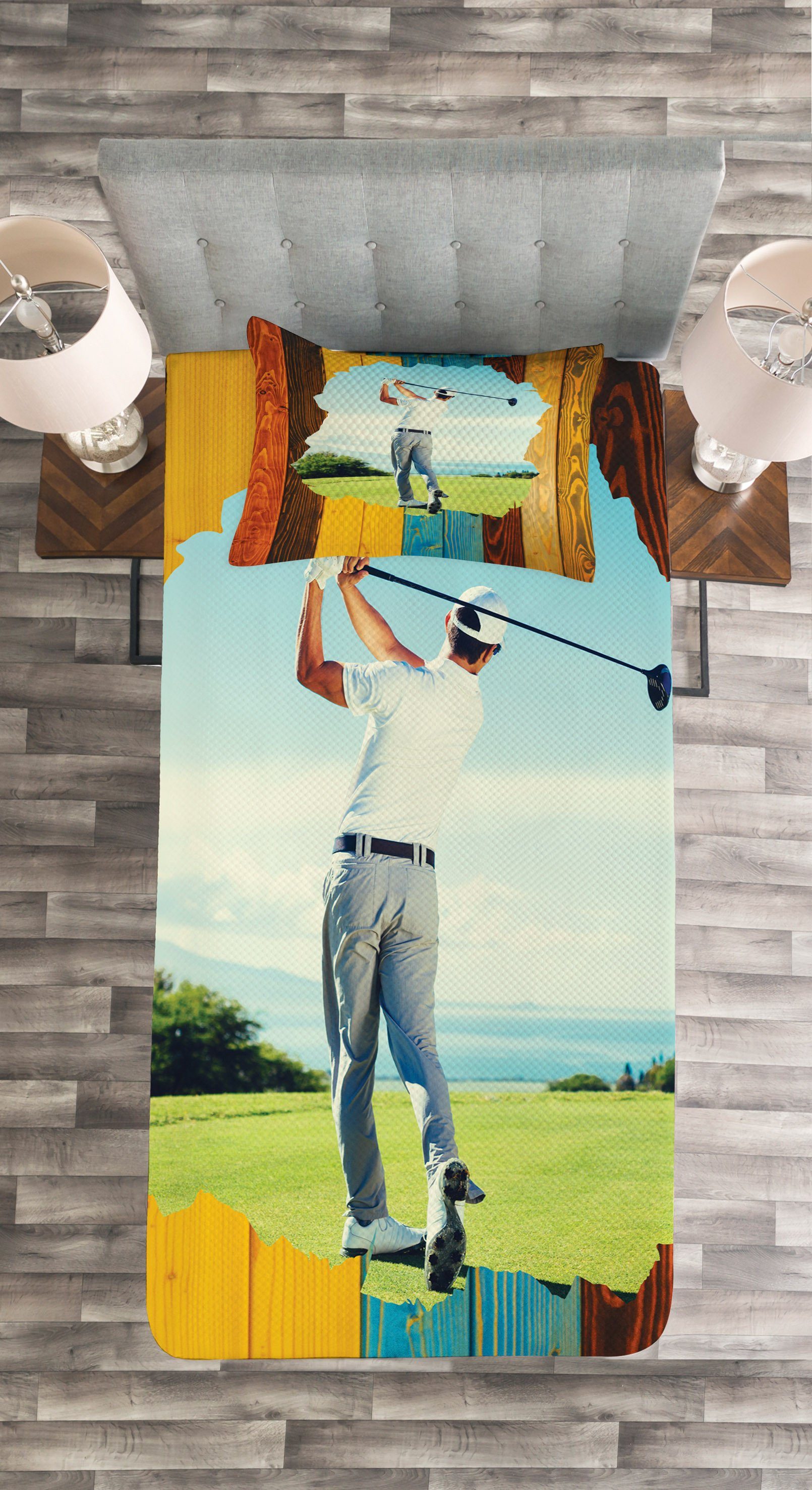 von Golfer Holz Abakuhaus, Rückansicht mit Wolf Tagesdecke aus Kissenbezügen Mann Waschbar, Set