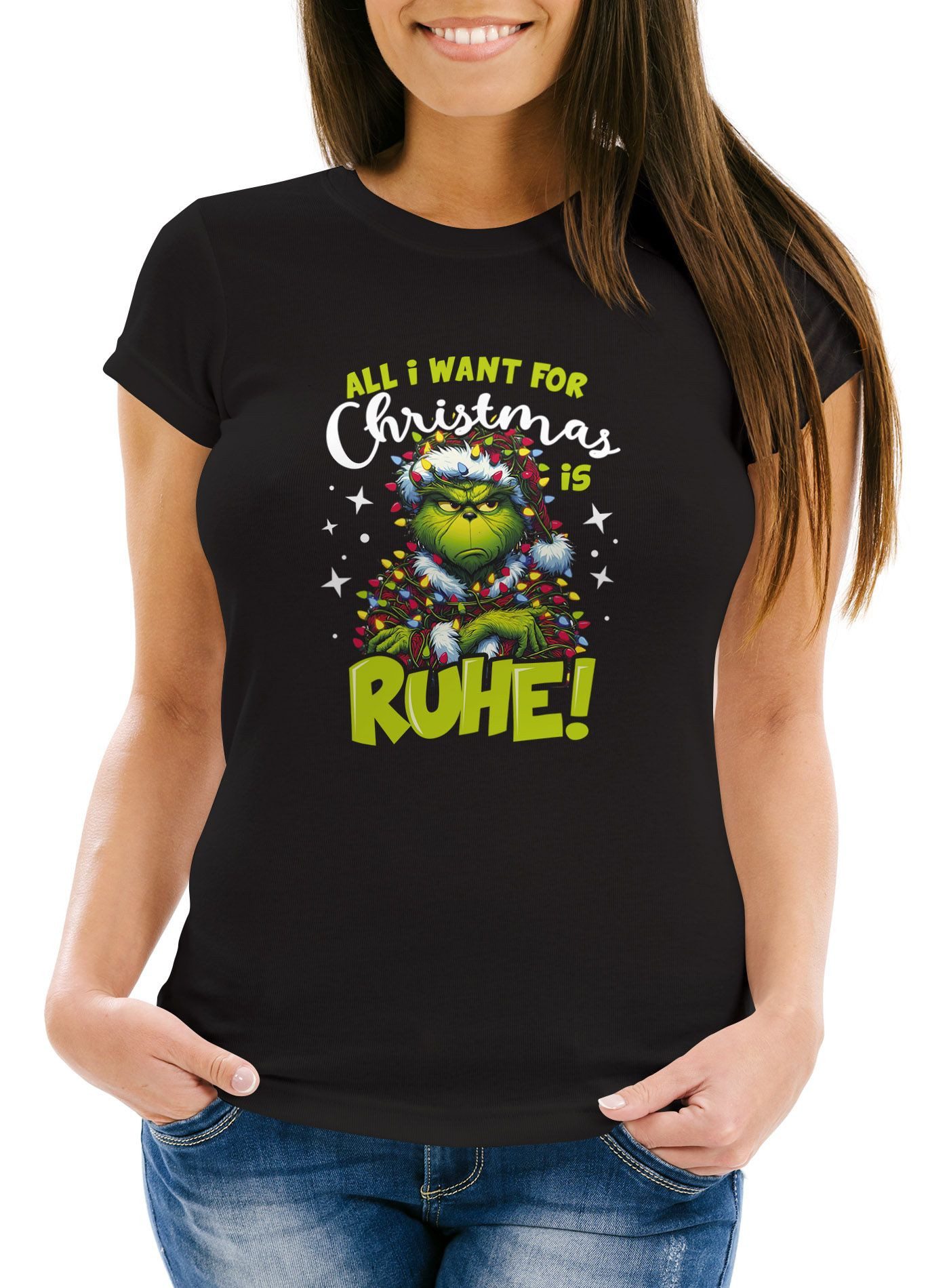 Print-Shirt Weihnachtsshirt Damen Spruch Grinch Ruhe T-Shirt Weihnachten Lustig