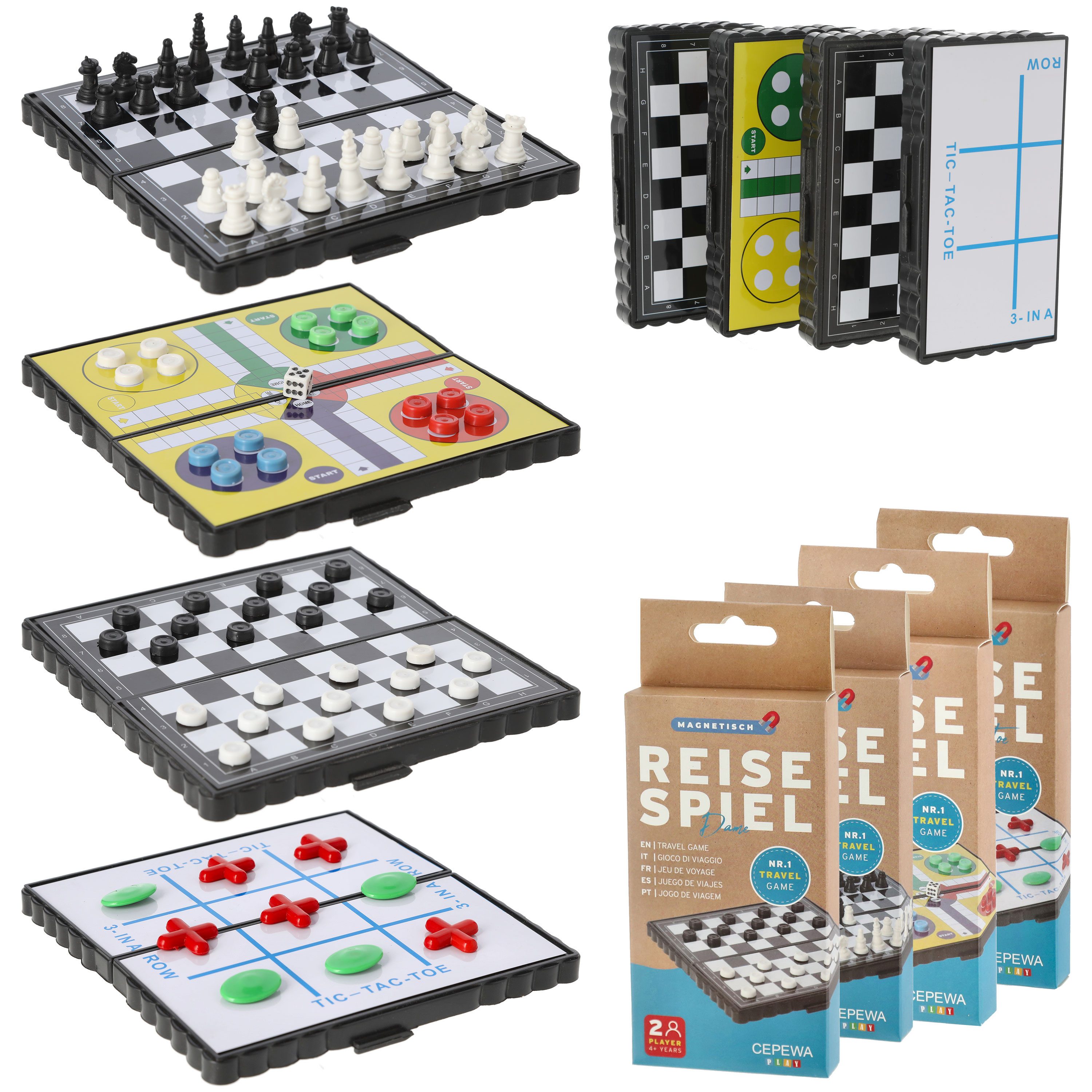 CEPEWA Spielesammlung Reisespiele 4er Set magnetisch PP 13x13cm Dame Schach TicTacToe Ludo