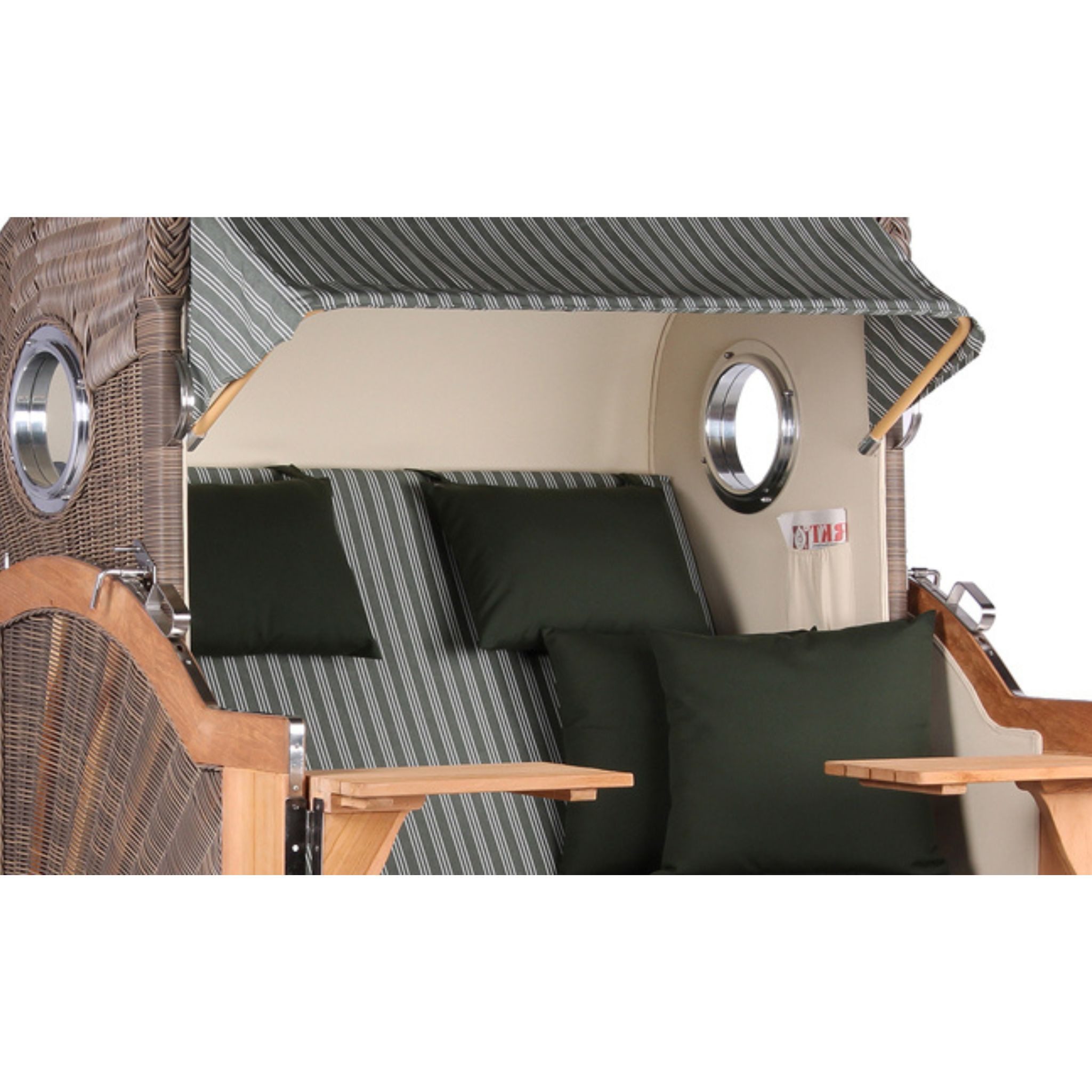 MR.DEKO Strandkorb XXL Baltikum 2,5-Sitzer Bullauge Teak PE Grey 142x170x95, BxTxH: 142x95x170 cm, Volllieger, Baltikum, (Wetterfester 2,5-Sitzer Strandkorb für Garten, Terrasse & Balkon), Volllieger mit Stauraum, Bullaugen & Edelstahl – komplett montiert