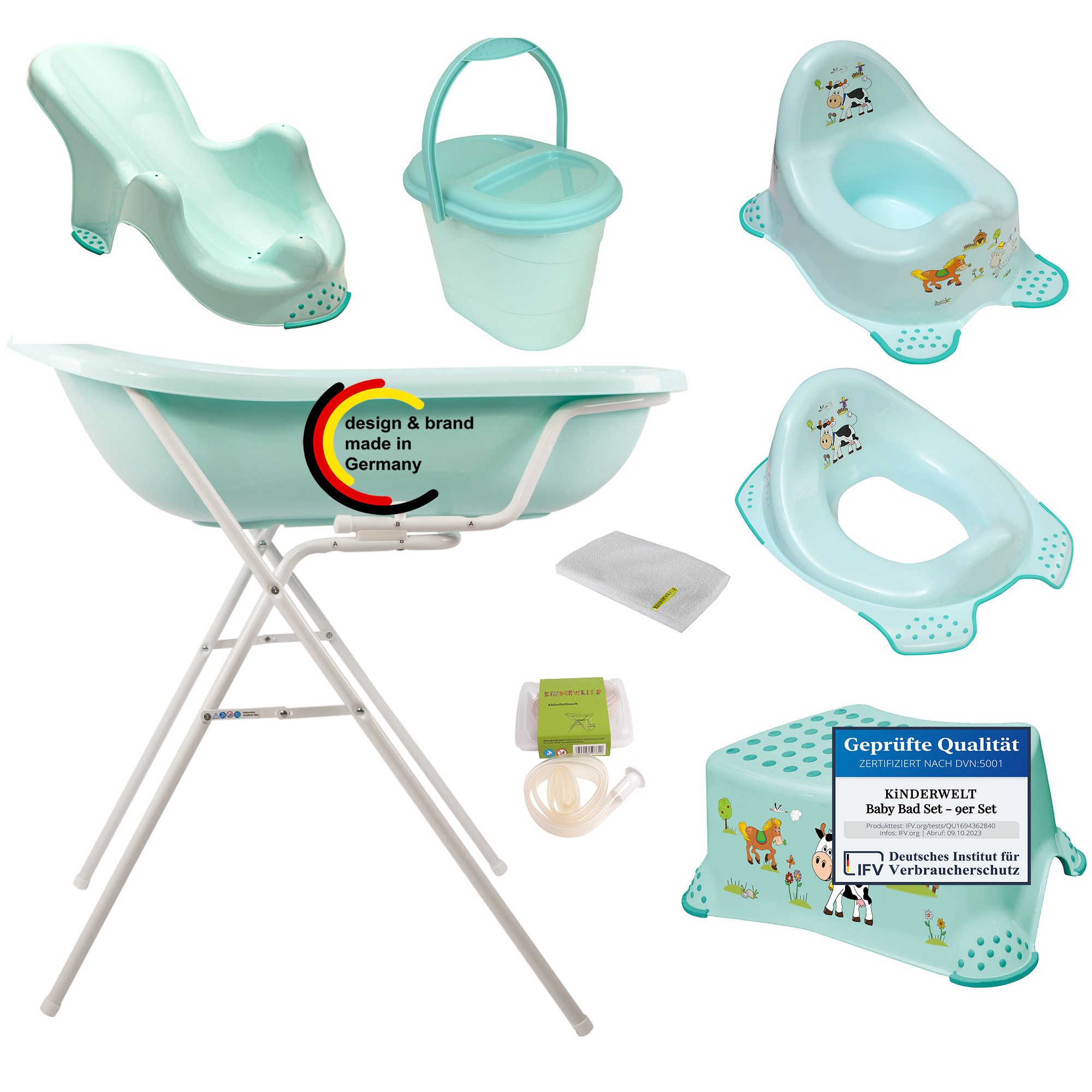 KiNDERWELT Babybadewanne Funny Farm Babywanne + Ständer und mehr.., (Premium Set, 9-tlg)