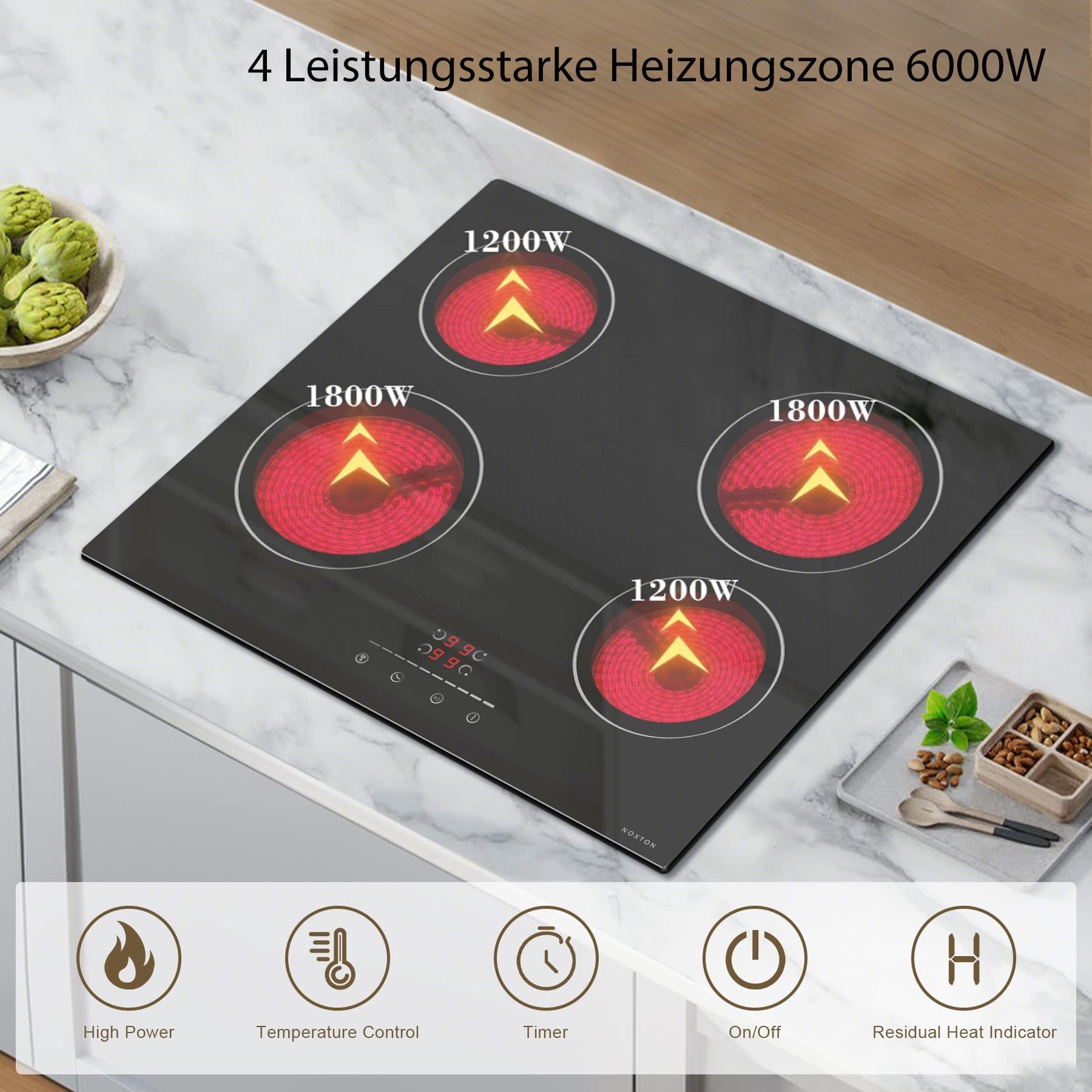 NOXTON Induktions-Kochfeld 60 cm Schwarzer Glaskocher Autarkes Glaskeramikkochfeld, Eingebautes Elektrisches Kochfeld, mit Schieberegler und 4 Zonen Keramikkochfelder