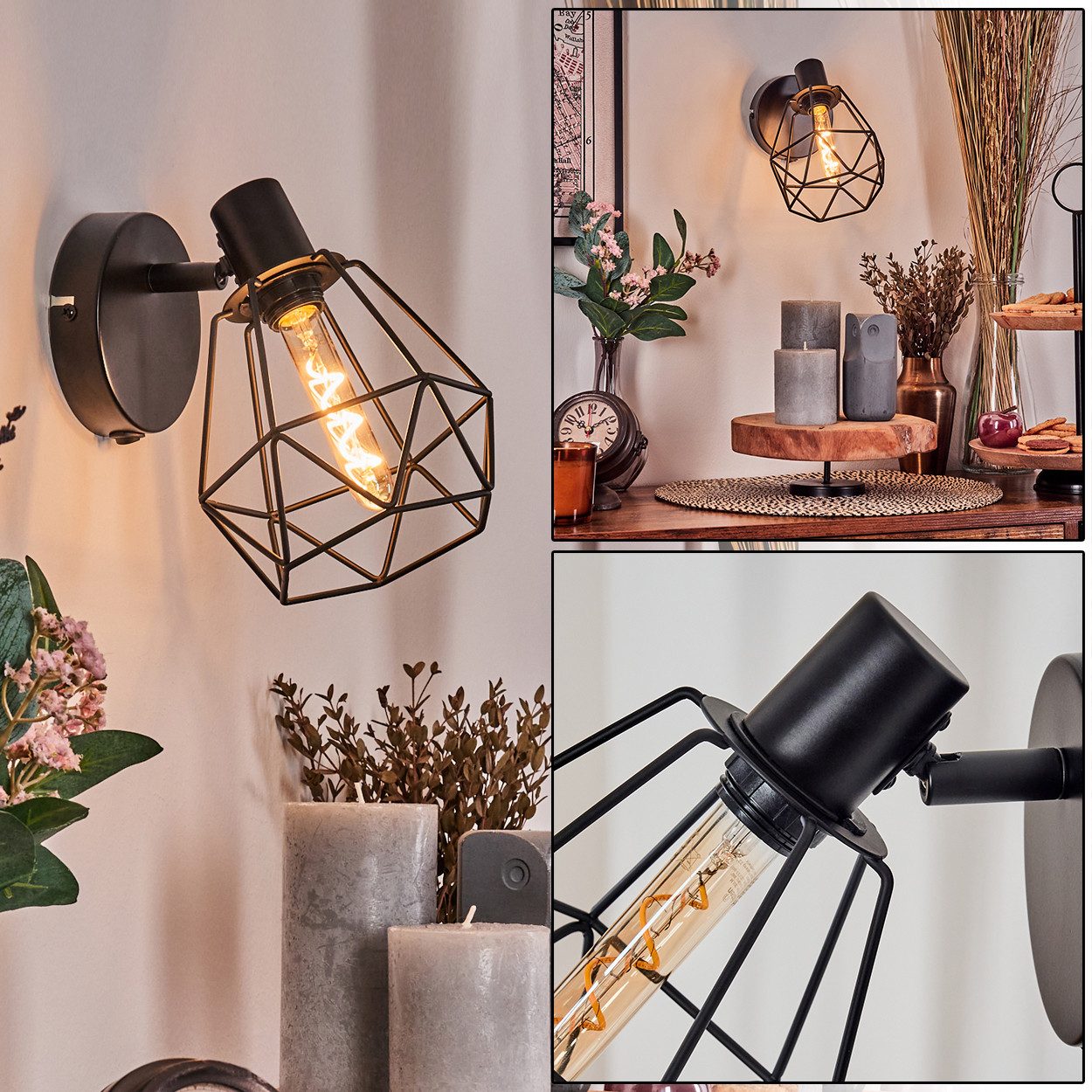 hofstein Wandleuchte verstellbare Wandlampe aus Metall in Schwarz, ohne Leuchtmittel, verstellbarer Schirm, Gitter-Optik(12cm), 1 x E14, ohne Leuchtmittel