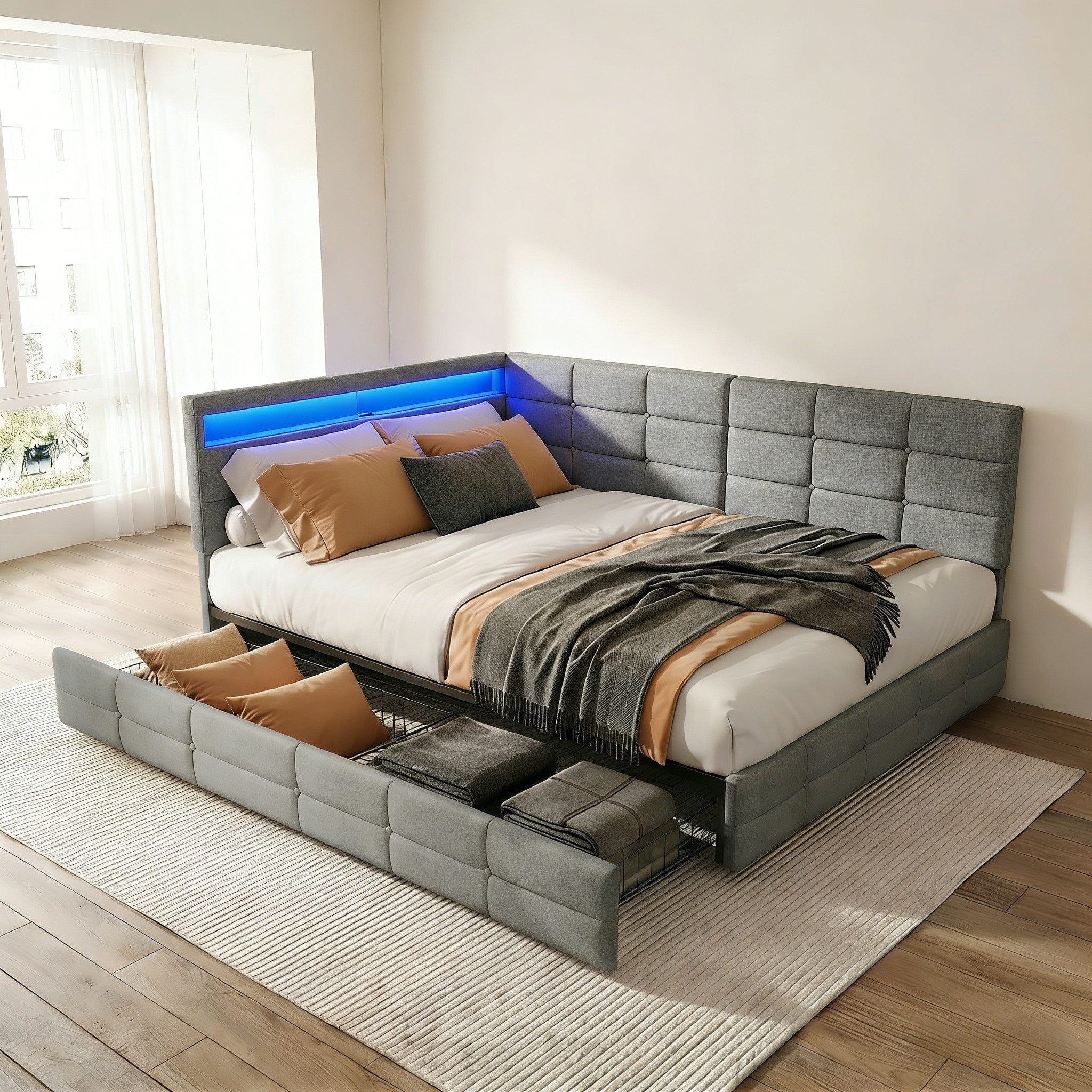 Gdood Polsterbett Daybett Jugendbett Tagesbett (1-tlg., 2 Schubladen, Geeignet für Jungen und Mädchen), Mit LED-Beleuchtung, Ladefunktion, Leinen, 140x200 cm