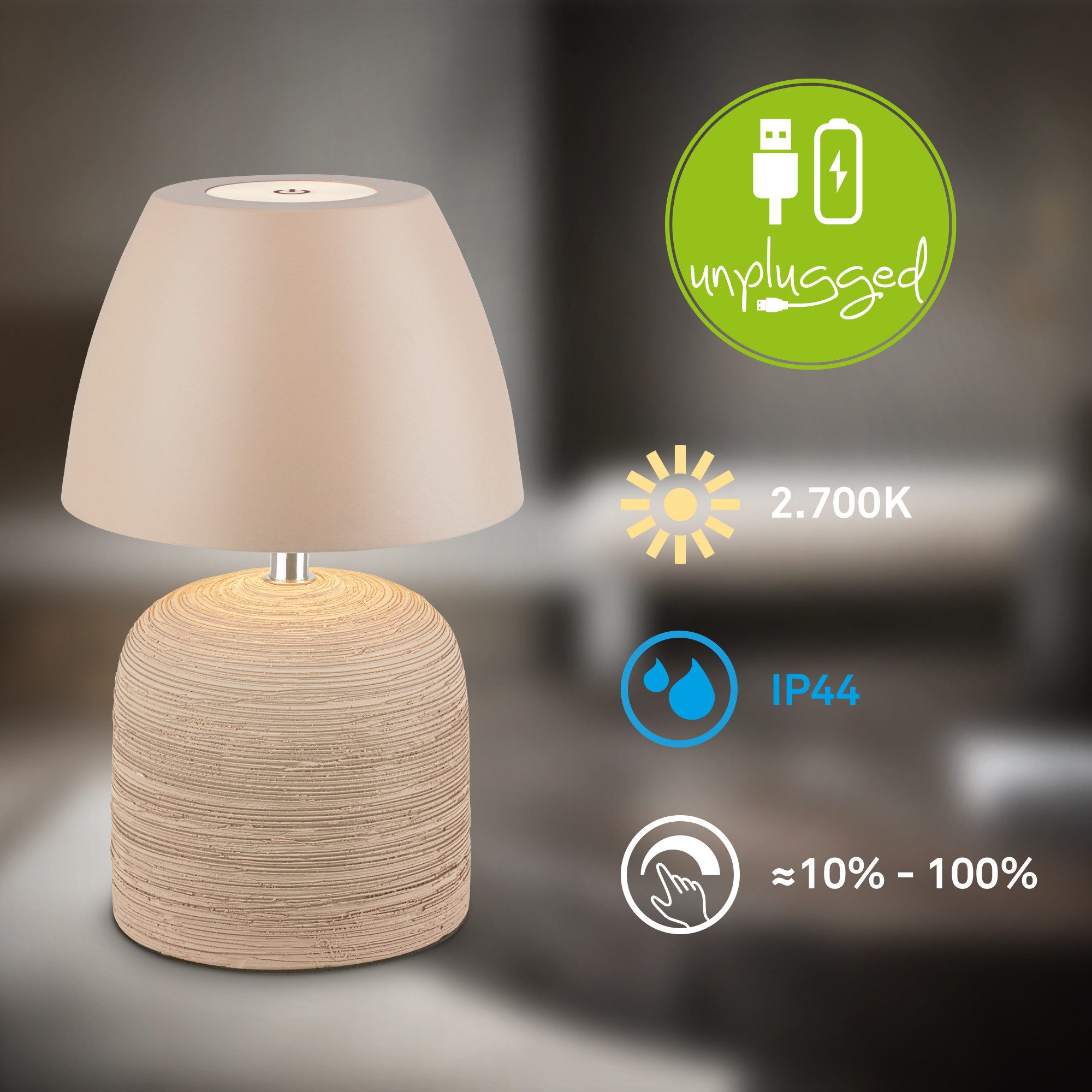 Briloner Leuchten LED Tischleuchte Akku Tischlampe Indoor/Outdoor kabellos Keramik, LED fest integriert, kabellos 14 x 36 cm 3W Wohnzimmer Schlafzimmer