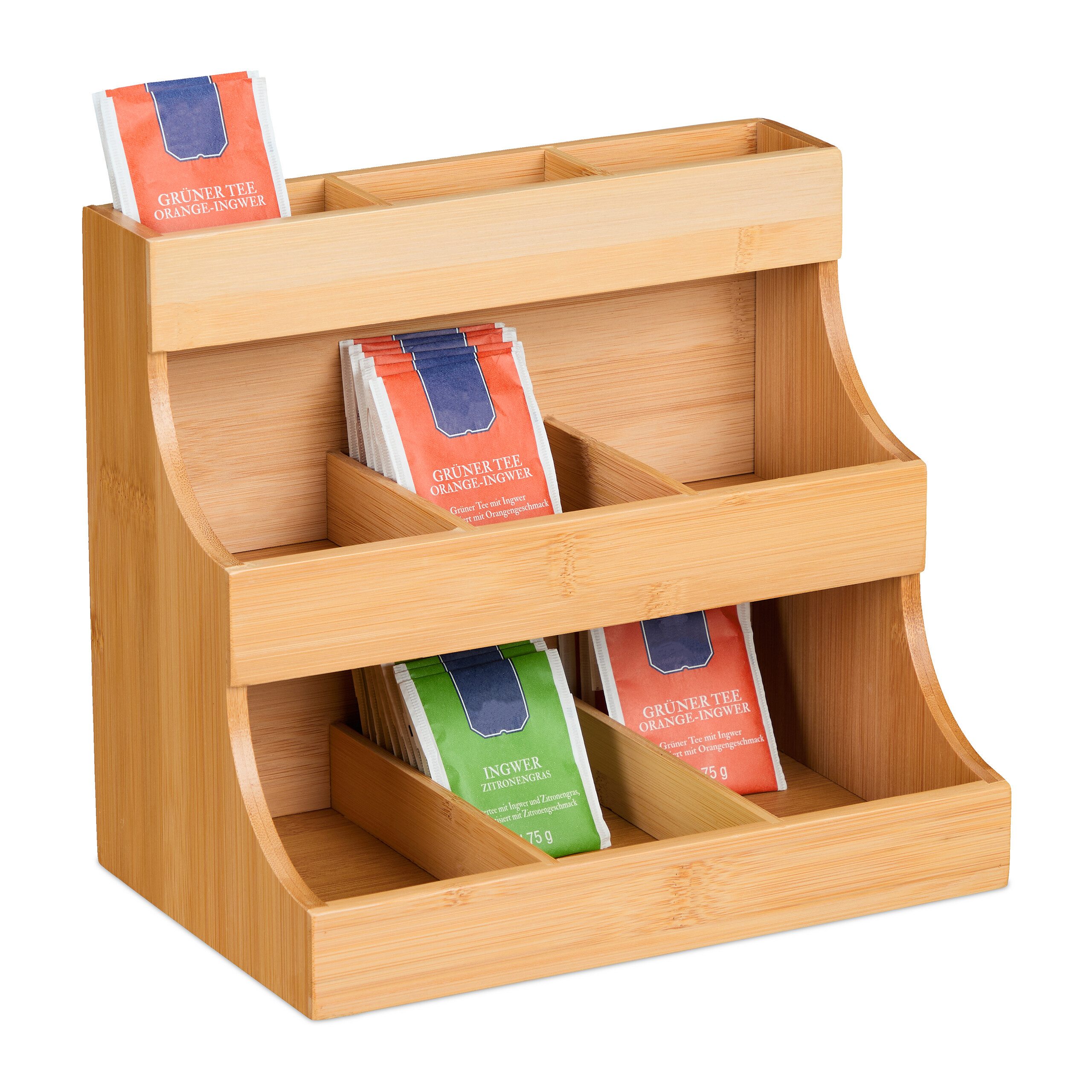 relaxdays Teebox Tee Organizer 9 Fächer Bambus, Bambus