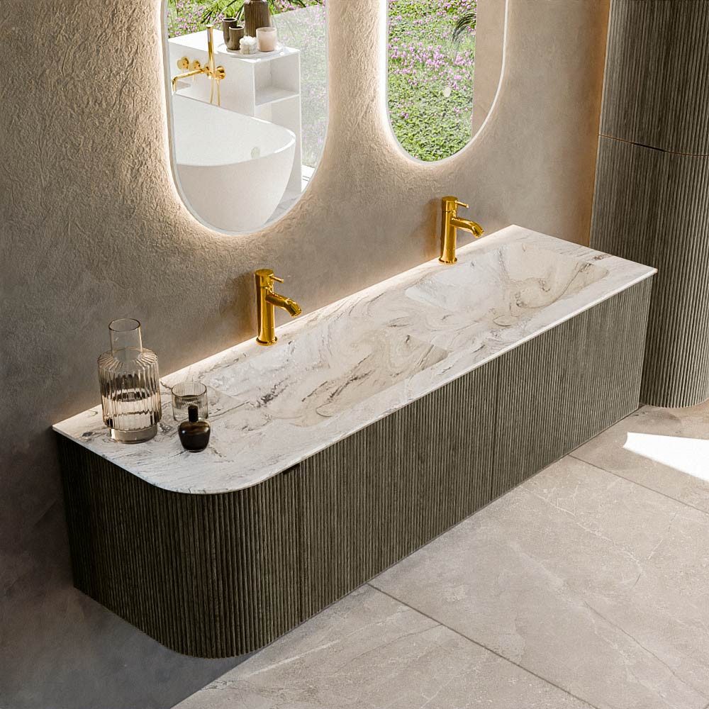 MONDIAZ Waschtisch set curve gerundet echtholz 155 cm Shadow KRVLEA155L2L1D2KDShaGla (Set Serie Curve, Waschbecken Serie Coff, mit Lochbohrung)