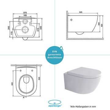 Alpenberger Bidet Komplet SET mit Hänge WC Spülrandlos + WC Sitz mit Absenkautomatik, Oval, wandhängend, waagerecht Abgang, 3-tlg., Set aus Wand WC und Bidet