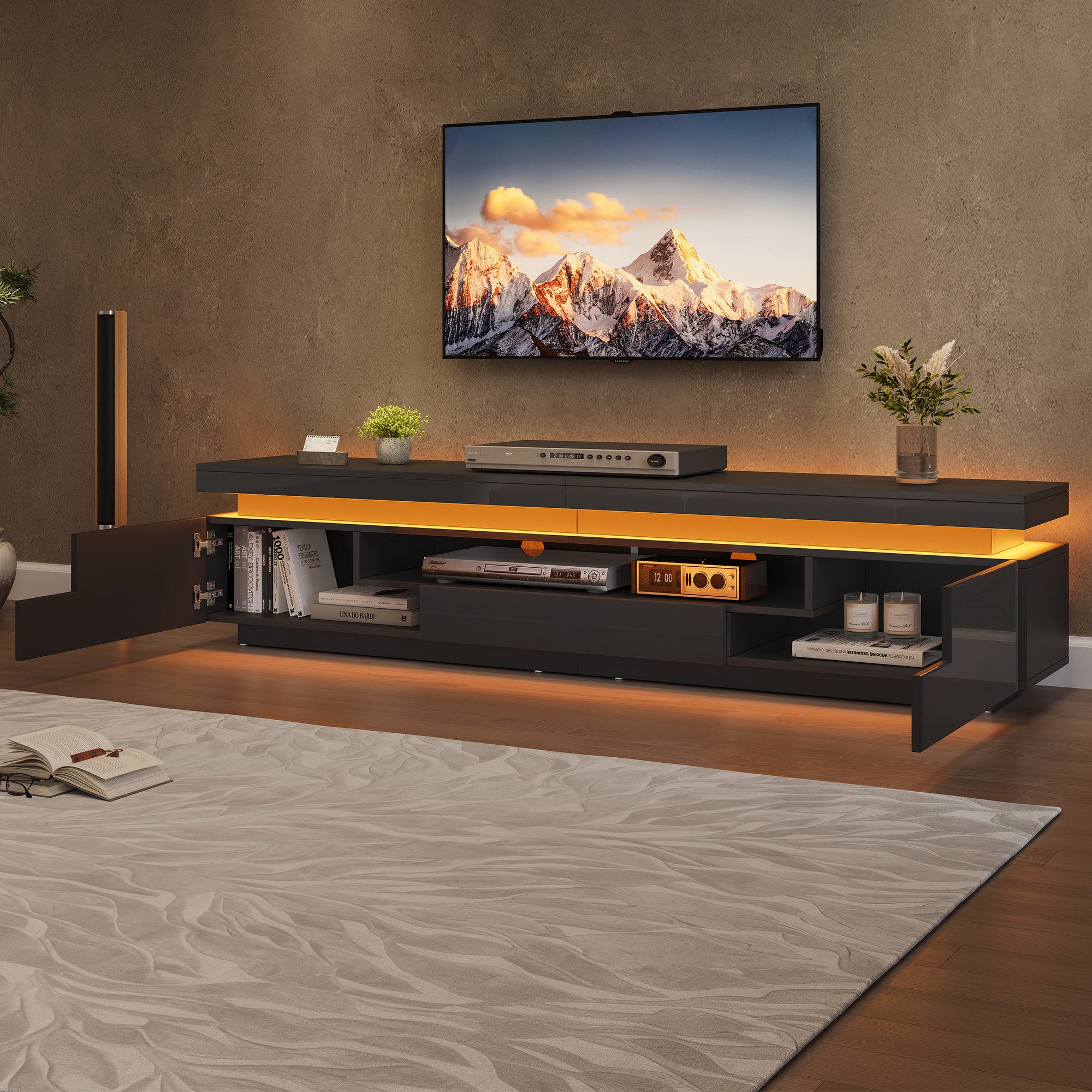 Merax Lowboard hochglanz TV-Schrank mit LED-Beleuchtung (175×38×45 cm, 1 St., Lowboard für Fernseher bis 75 Zoll, Weiß), Fernsehschrank mit 2 L-Schränken, 1 Schublade & halboffener Ablage