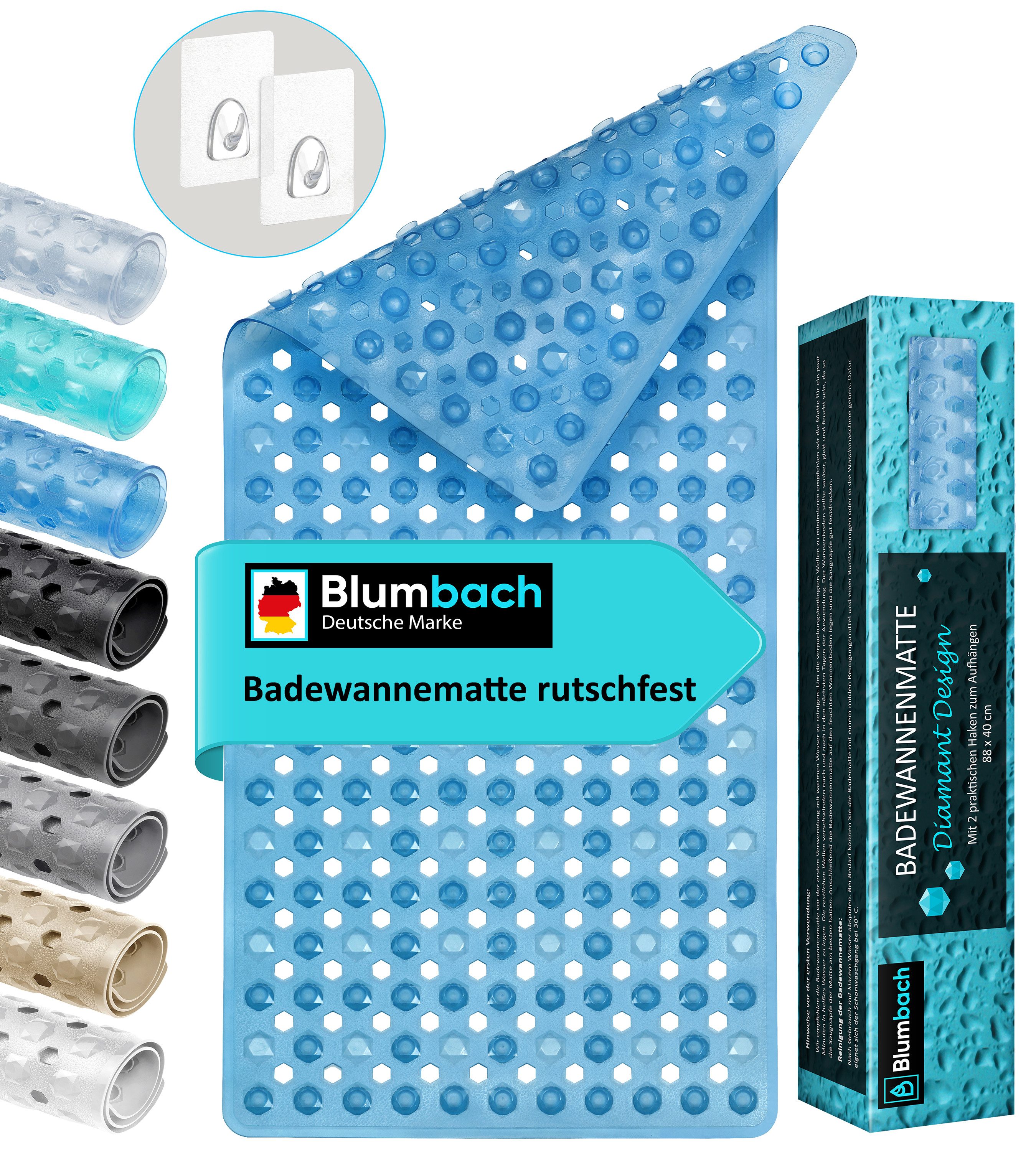Blumbach Wanneneinlage Badewannenmatte rutschfest, Packung, inklusive 2 Klebehaken, rutschhemmend, mit Saugnäpfen, pflegeleicht