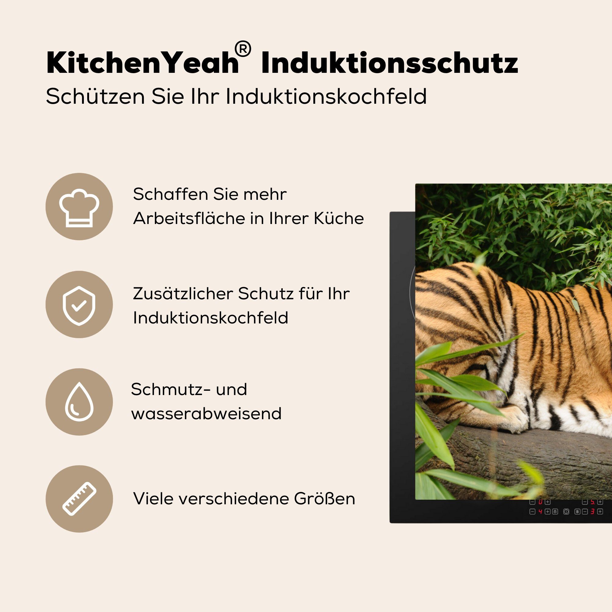 MuchoWow Herdblende-/Abdeckplatte Tiger - Baum die 81x52 tlg), Blätter, Vinyl, cm, - für Induktionskochfeld (1 Ceranfeldabdeckung küche, Schutz