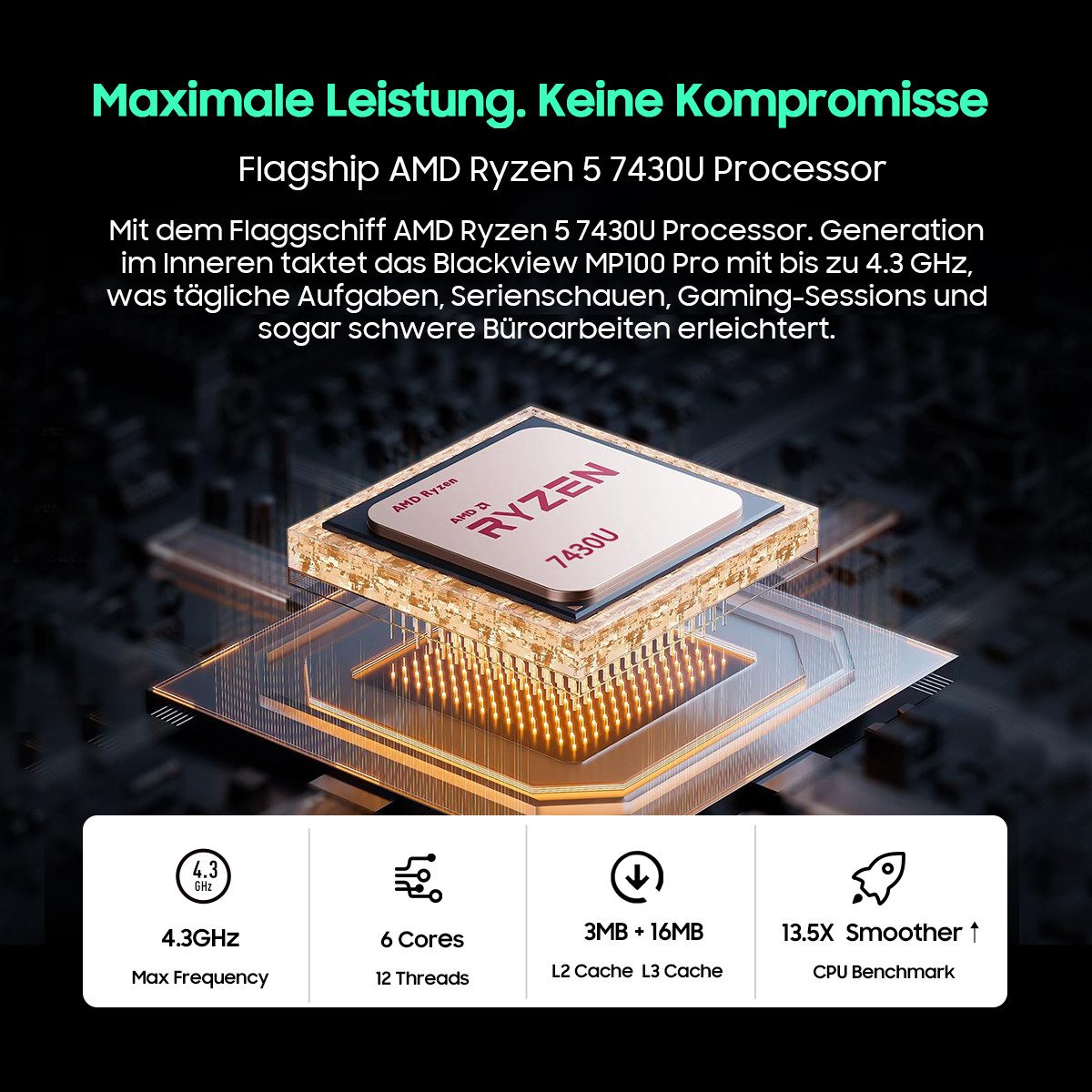 blackview MP100 Pro, 2026 AMD Ryzen 5 7430U, 16GB+512GB Win 11 Pro 4K 144Hz Mini-PC (AMD AMD Ryzen 5 7430U, AMD Ryzen 5 7430U, 16 GB RAM, 512 GB SSD, Win 11 Pro Kompakter Desktop-PC, RGB-Beleuchtung, WiFi 6)