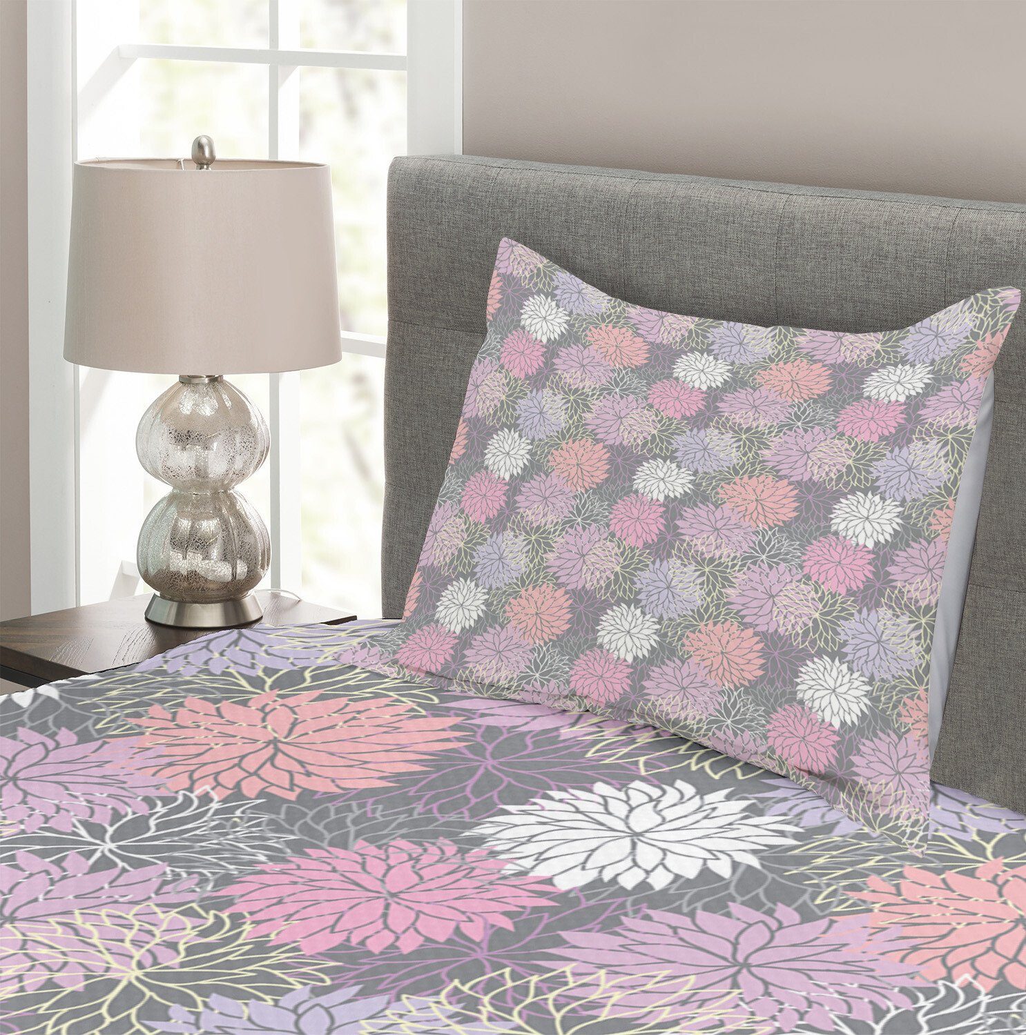 Grau Botanischer Rosa Set Tagesdecke Abakuhaus, mit Blossom und Waschbar, Kissenbezügen