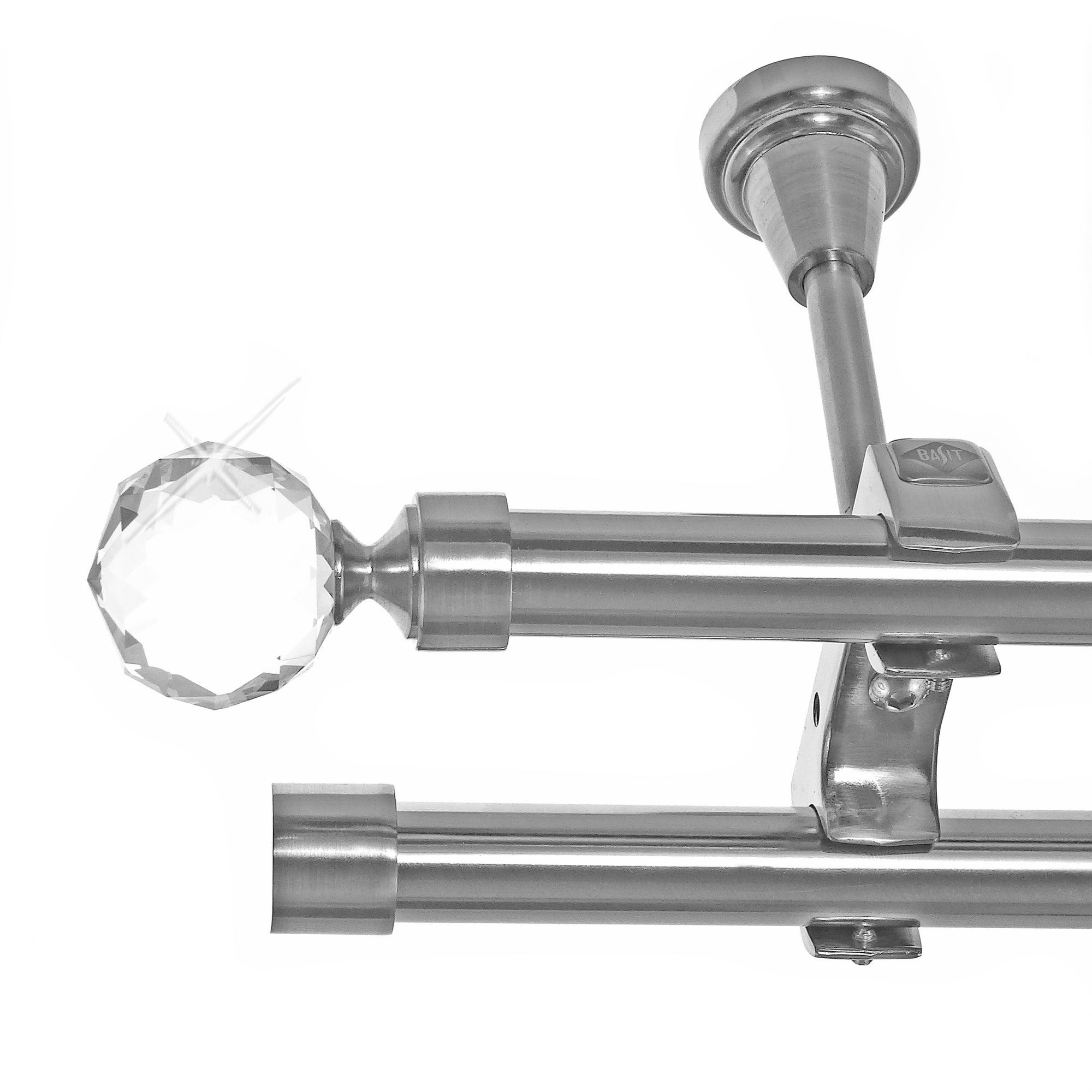 BASIT Gardinenstange Edelstahloptik 20mm mit Deckenträgern 360 cm E87, Ø 20 mm, 2-läufig, verschraubt, Metall, D61RR 360 cm E87 Kristall Kugel