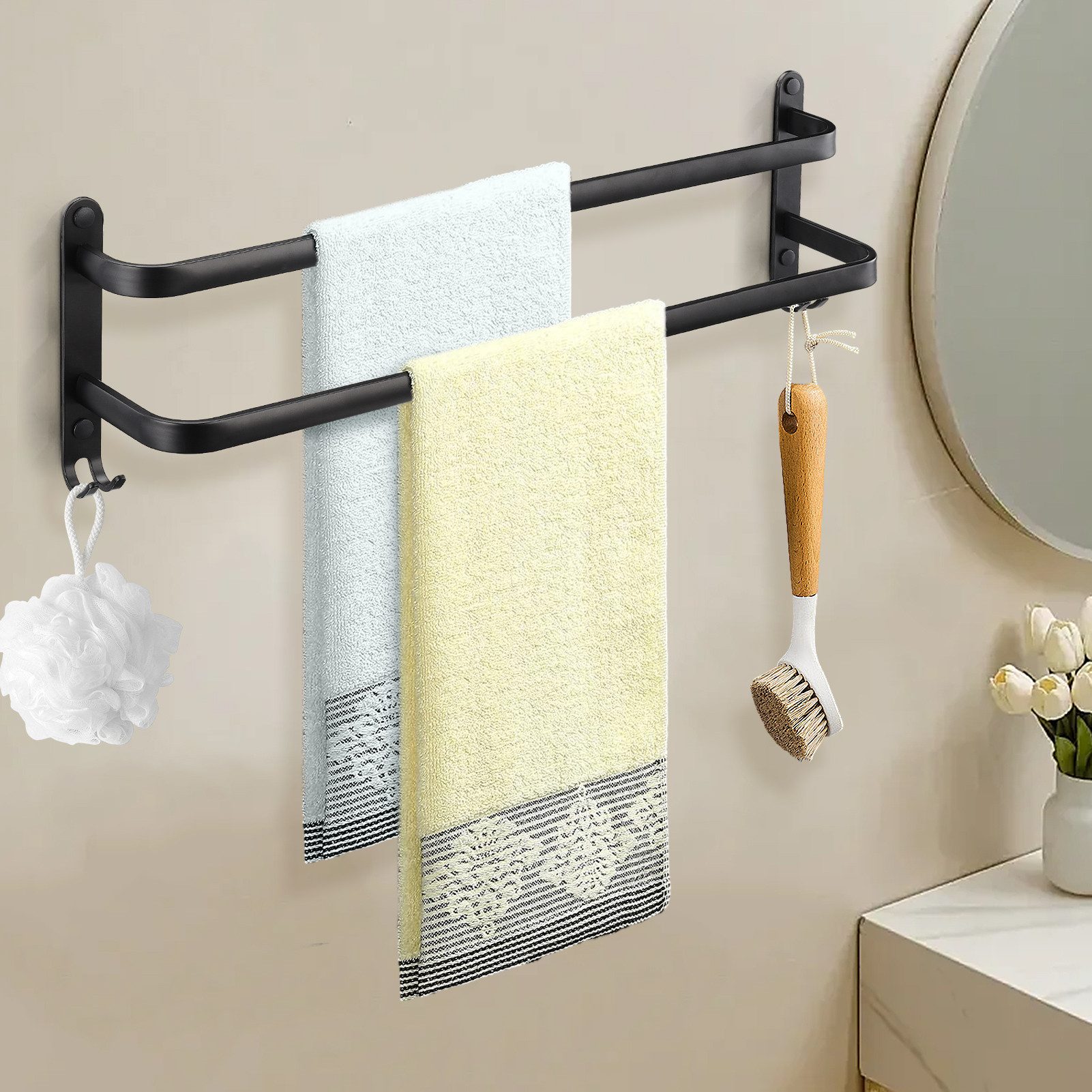 SEEZSSA Handtuchhalter No Punch Handtuchhalter, Badezimmer Raum Aluminium Badetuchhalter, Zwei Handtuchhalter, 60 cm, schwarz