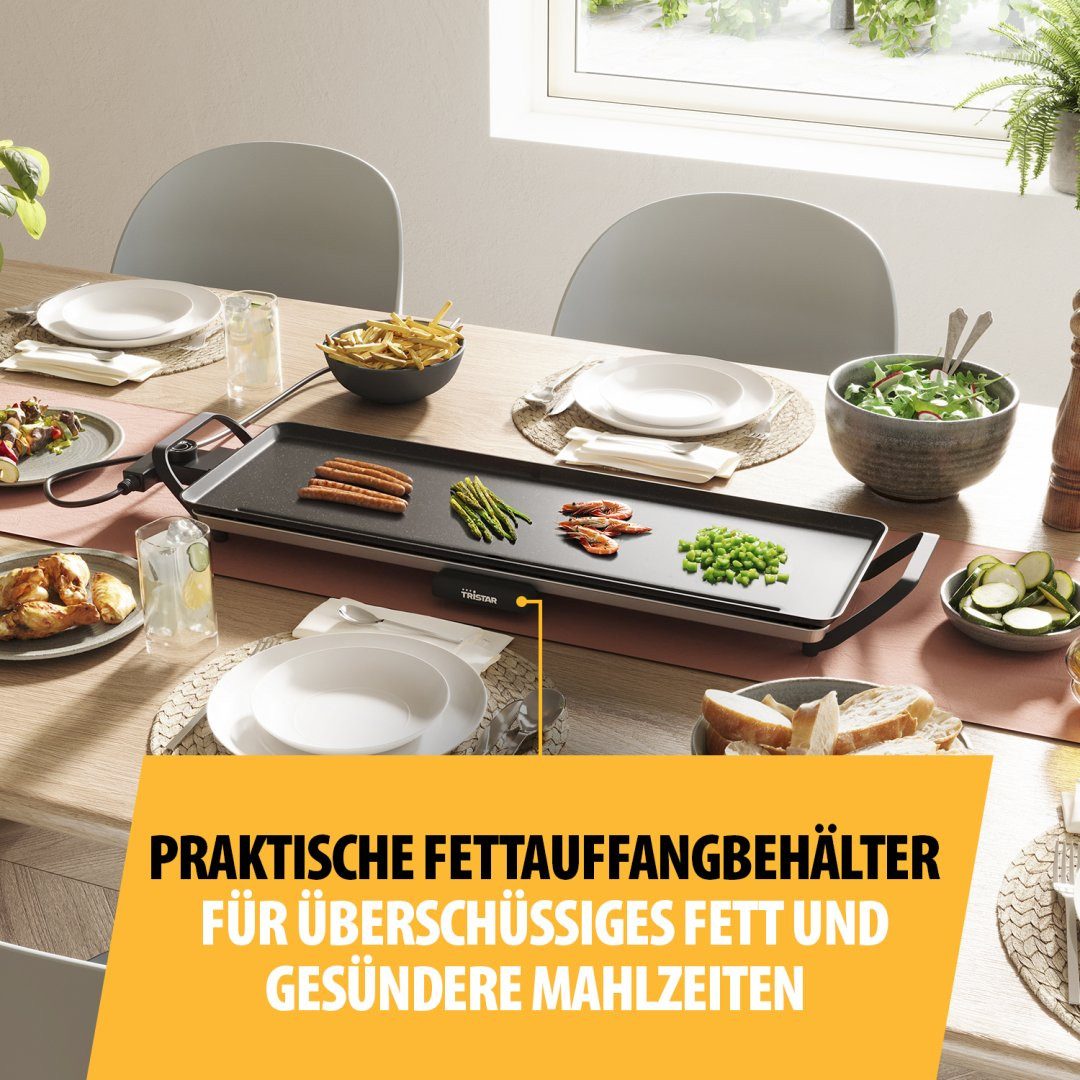 Tristar Tischgrill Tristar BP-2668 Tischgrill Slim L - Große Grillfläche - Leicht zu rein, 1800 W, 70 x 23 cm – Abnehmbare Griffe