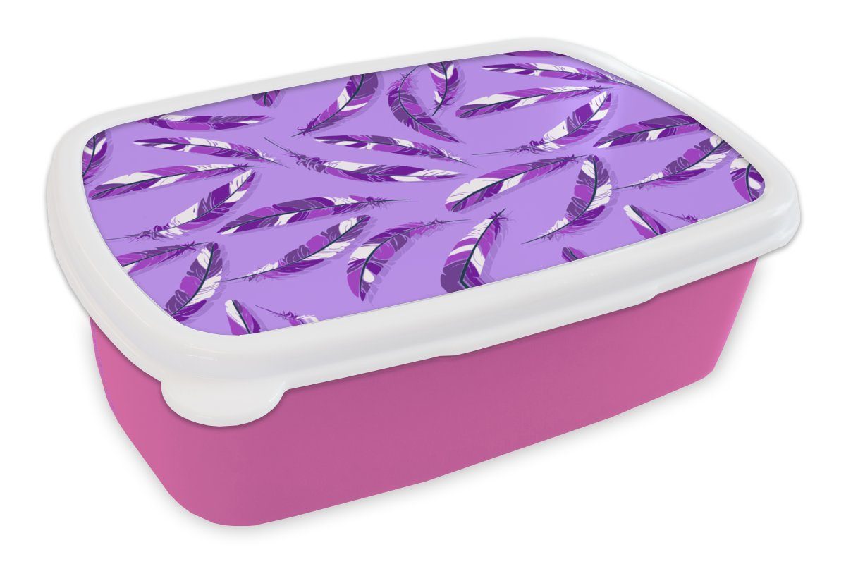 MuchoWow Lunchbox Mädchen - Federn - Lila - Muster - Mädchen - Lila - Kinder - Kinder, Kunststoff, (2-tlg), Brotbox für Erwachsene, Brotdose Kinder, Snackbox, Mädchen, Kunststoff rosa