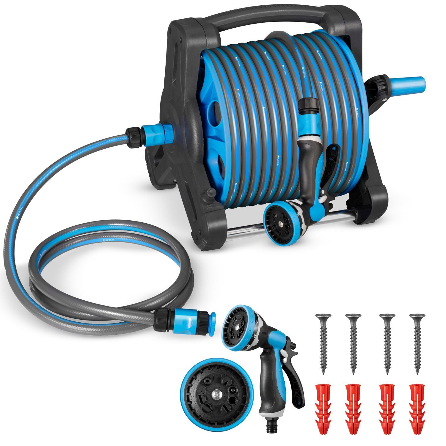 Juskys Schlauchtrommel Basic, 30 m, Multifunktionsbrause, 10 Funktionen, diverse Adapter