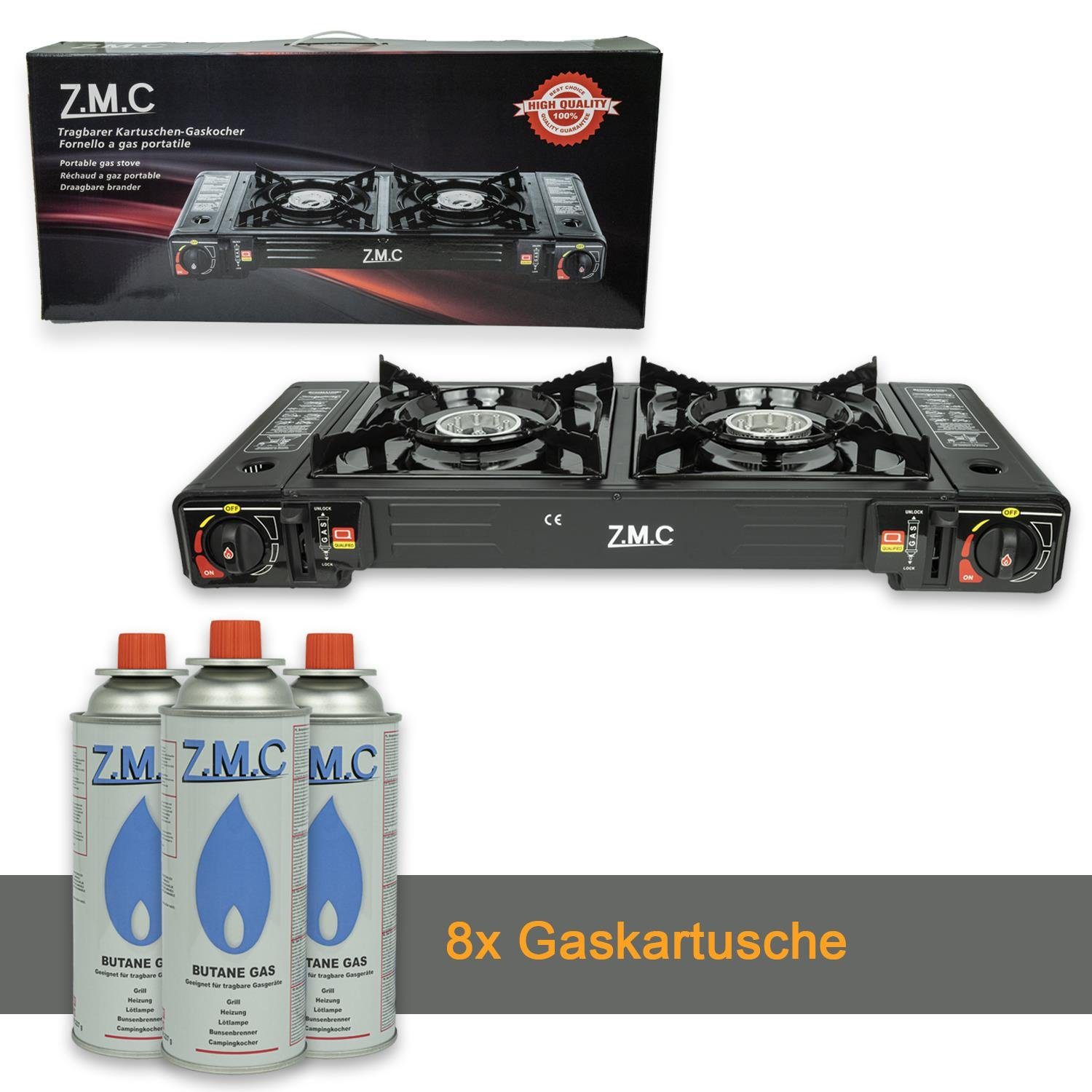 ZMC Gaskocher Doppel Kartuschenkocher Gaskocher 2 Flammig + 8x Gaskartuschen 227g, (mit automatische Piezo-Zündung Wärmeleistung: 2,3KW), Outdoor Gas Campingkocher 2Fach Gasherd Ofen Butan Kochfeld Gas Kocher