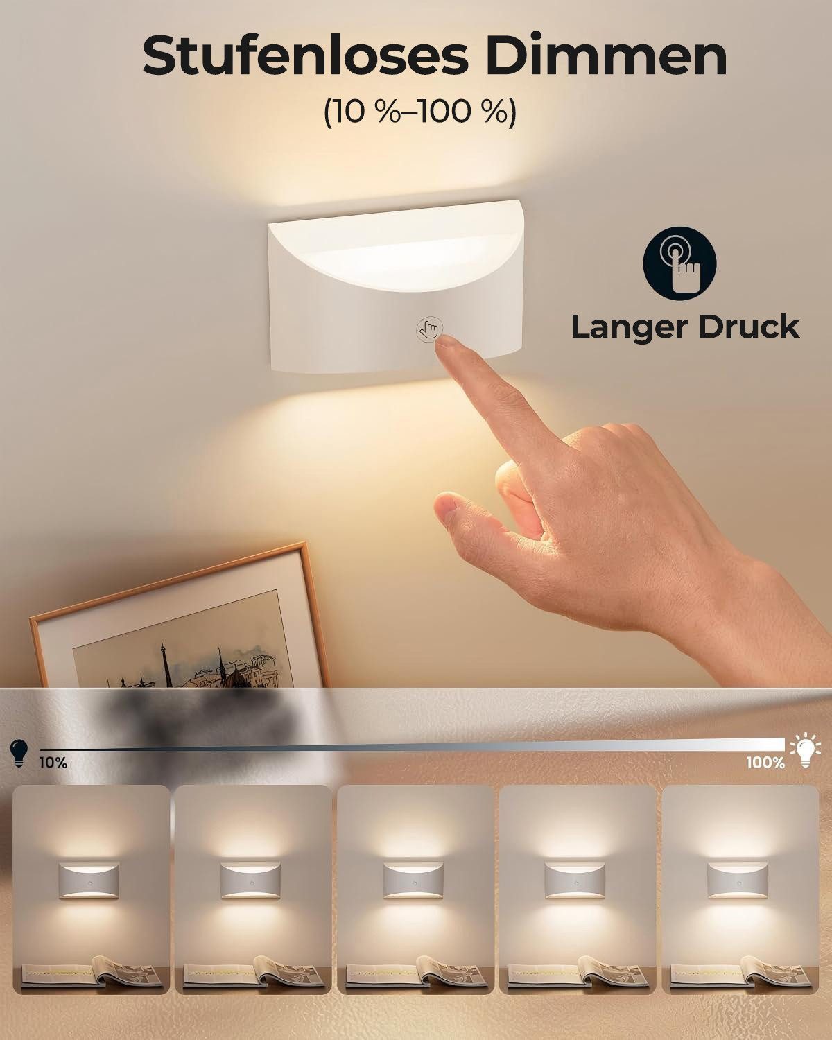 Futicare LED Wandleuchte für Innen, LED Wandleuchte kabellos magnetisch, 3 Farben dimmbar, (3000K, 4000K, 6000K),LED-Leuchtmittel fest verbaut, Akku-Lampe mit F – Bild 4 von 5