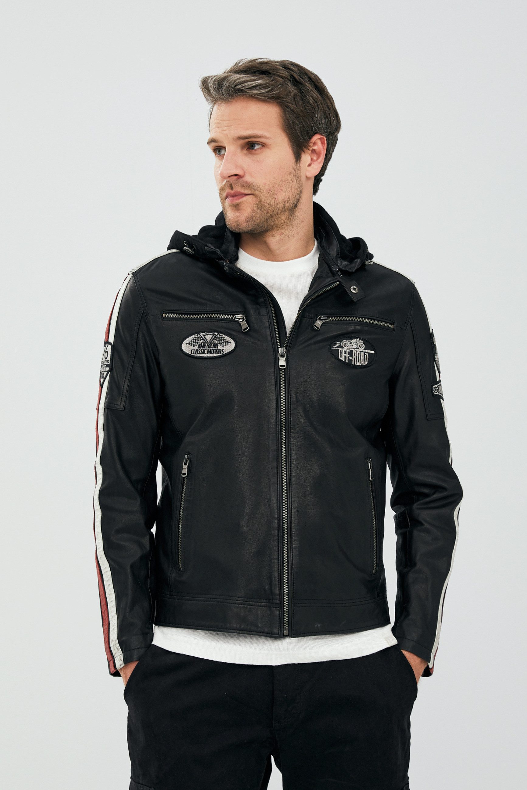 Derimod Lederjacke Formula Kapuzen-Sport-Lederjacke Slim Fit, Reißverschluss, Mit Kapuze, Kurz, Textilfutter