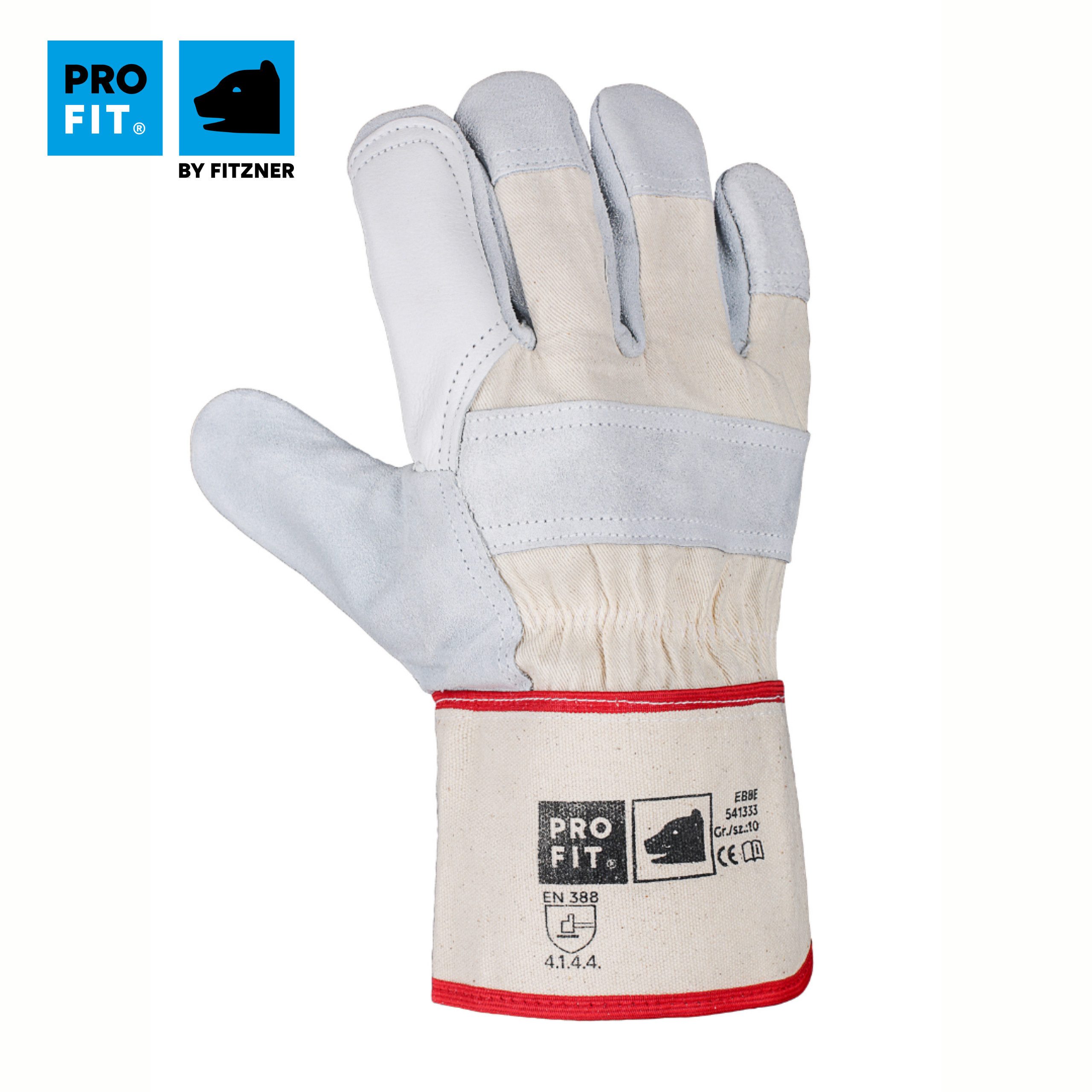 PRO FIT Leder-Arbeitshandschuhe Ebbe, Arbeitshandschuhe aus Leder, Sicherheitshandschuhe (12, Paar) mit Canvas Stulpe, Rindspaltleder, EN 388