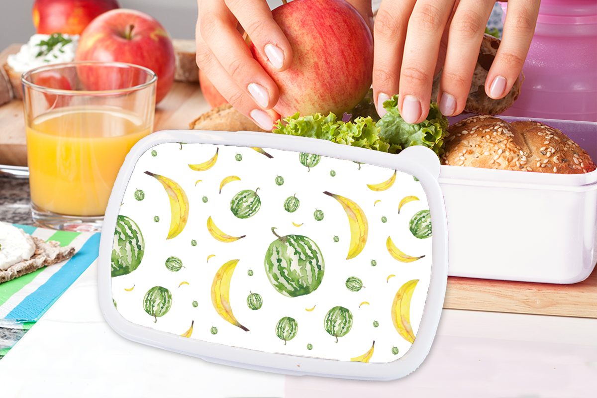 Mädchen - Melonen Lunchbox Kinder für Kunststoff, Schablonen, und und für MuchoWow Bananen Erwachsene, (2-tlg), Jungs - Brotbox weiß Brotdose,