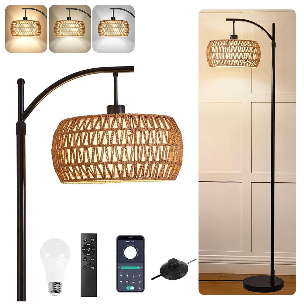LMaxhome Stehlampe LED Bogenlampen Rattan Lampenschirm Dimmbar Stehleuchte günstig online kaufen