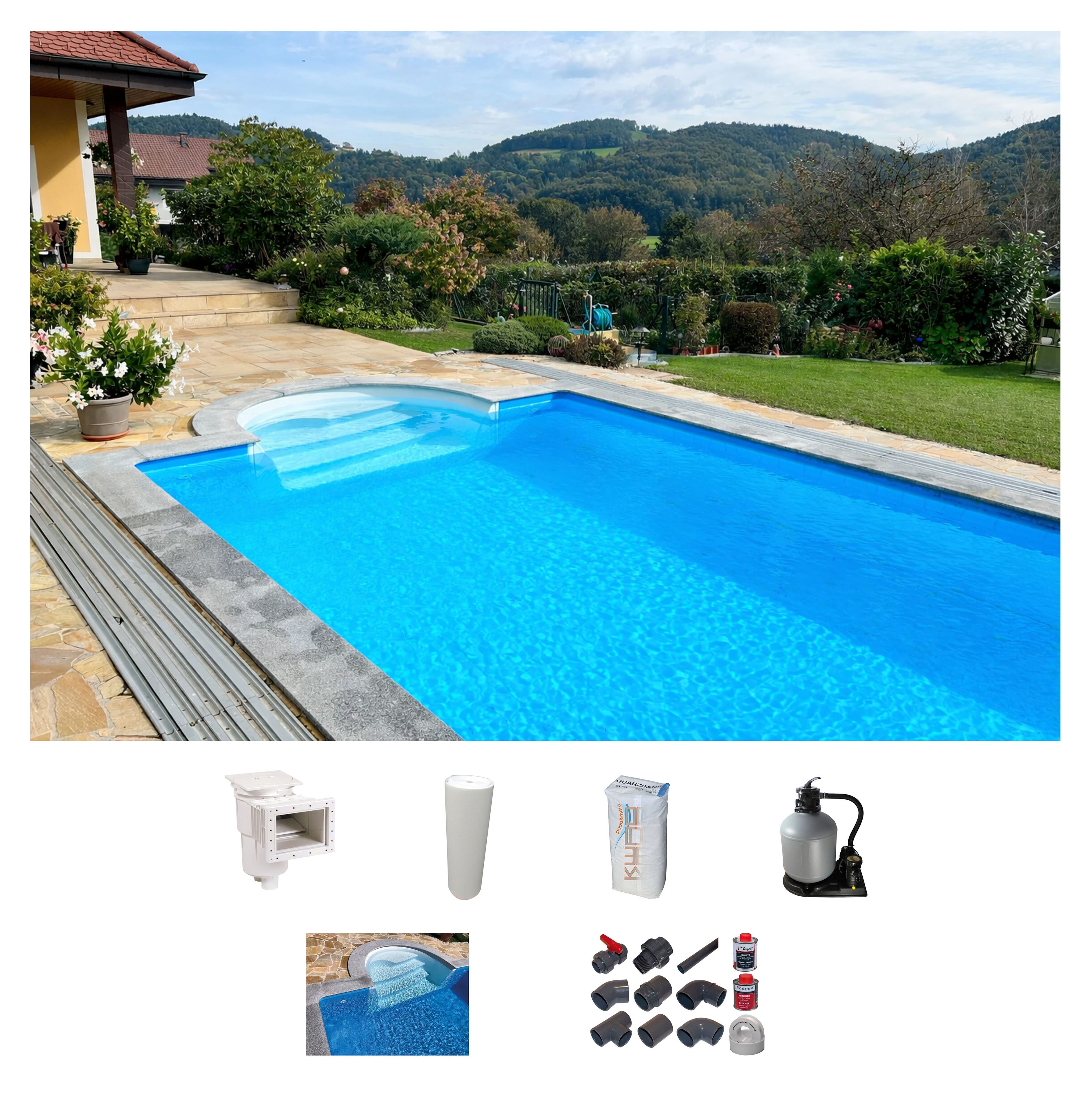 KWAD Rechteckpool mit Römertreppe (Set), 8x4, 7x3,5 oder 6x3m Höhe: 1,50m, mit Foliensack 0,6mm