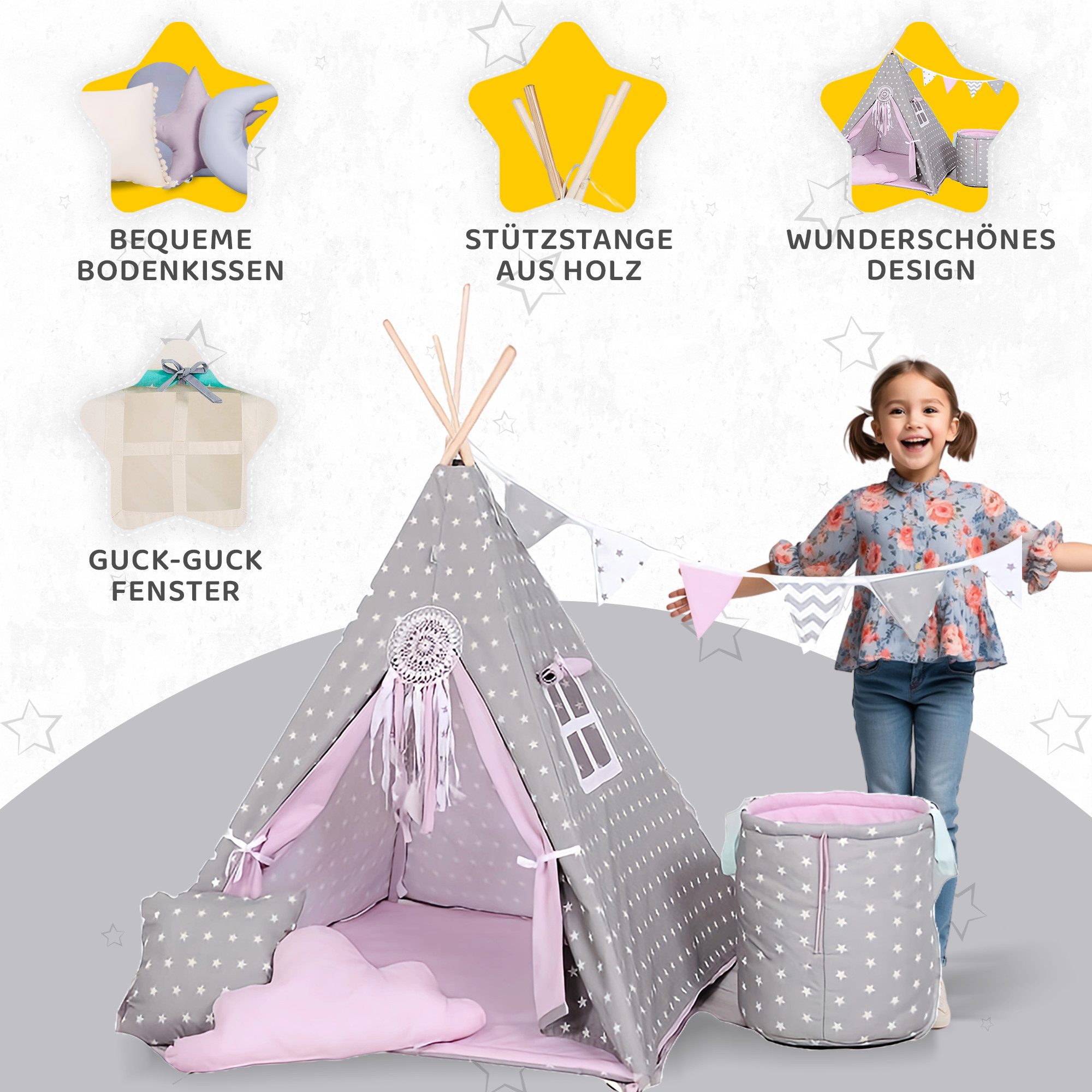 Rainbow Kids Tipi-Zelt Kinderzelt Spielzelt Teepee mit Fenster, Personen: 2 (mit Zubehör, mit 4 Kissen, Matte, Spielzeugkorb und Wimpelkette), Made in Europe