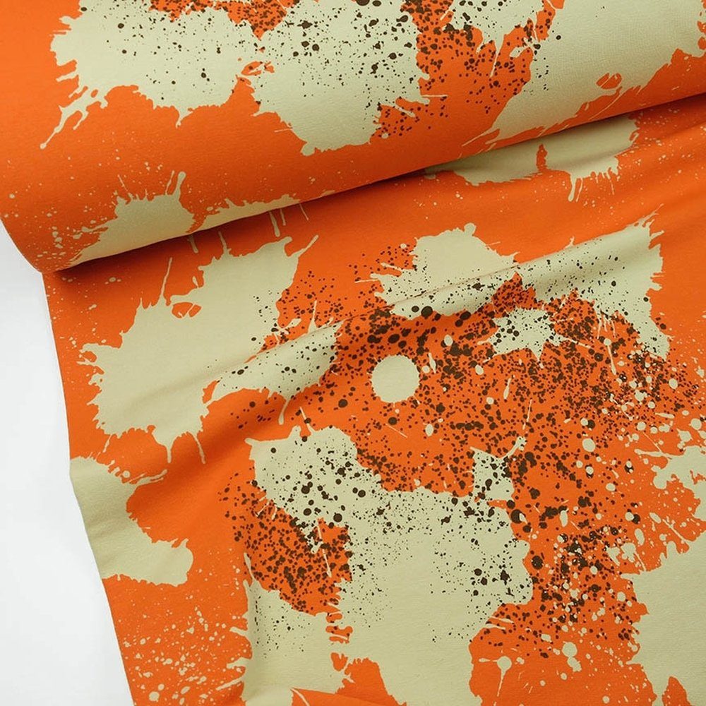 larissastoffe Stoff French Terry, Sweatstoff Splash Sprenkel orange, Meterware, 50 cm x 150 cm