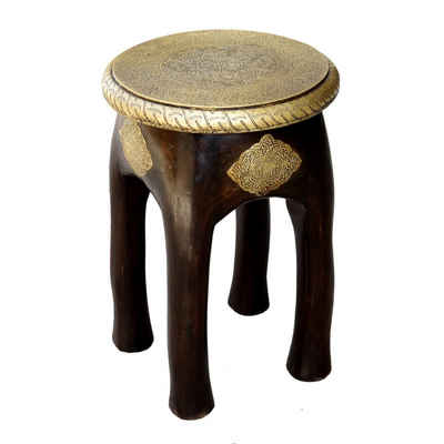 Casa Moro Hocker Orientalischer Sitzhocker Kamala H 45 x Ø 34 cm rund aus Massivholz, Handmade, handgeschnitzt mit Messing verziert, MA03-24
