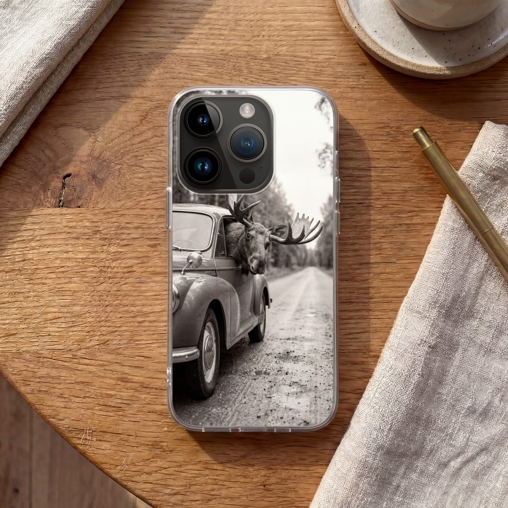 MuchoWow Handyhülle für Apple iPhone 14 Pro Elch - Auto - Geweih - Schwarz - Weiß, Smartphone-Bumper, Print, Handy Schutzhülle Dünn